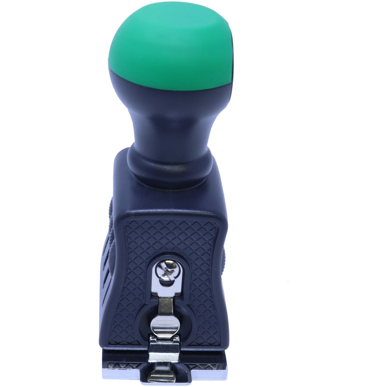Black self-inking stamp and seal with green top, silver metal clip, and textured navy grip on a white background.