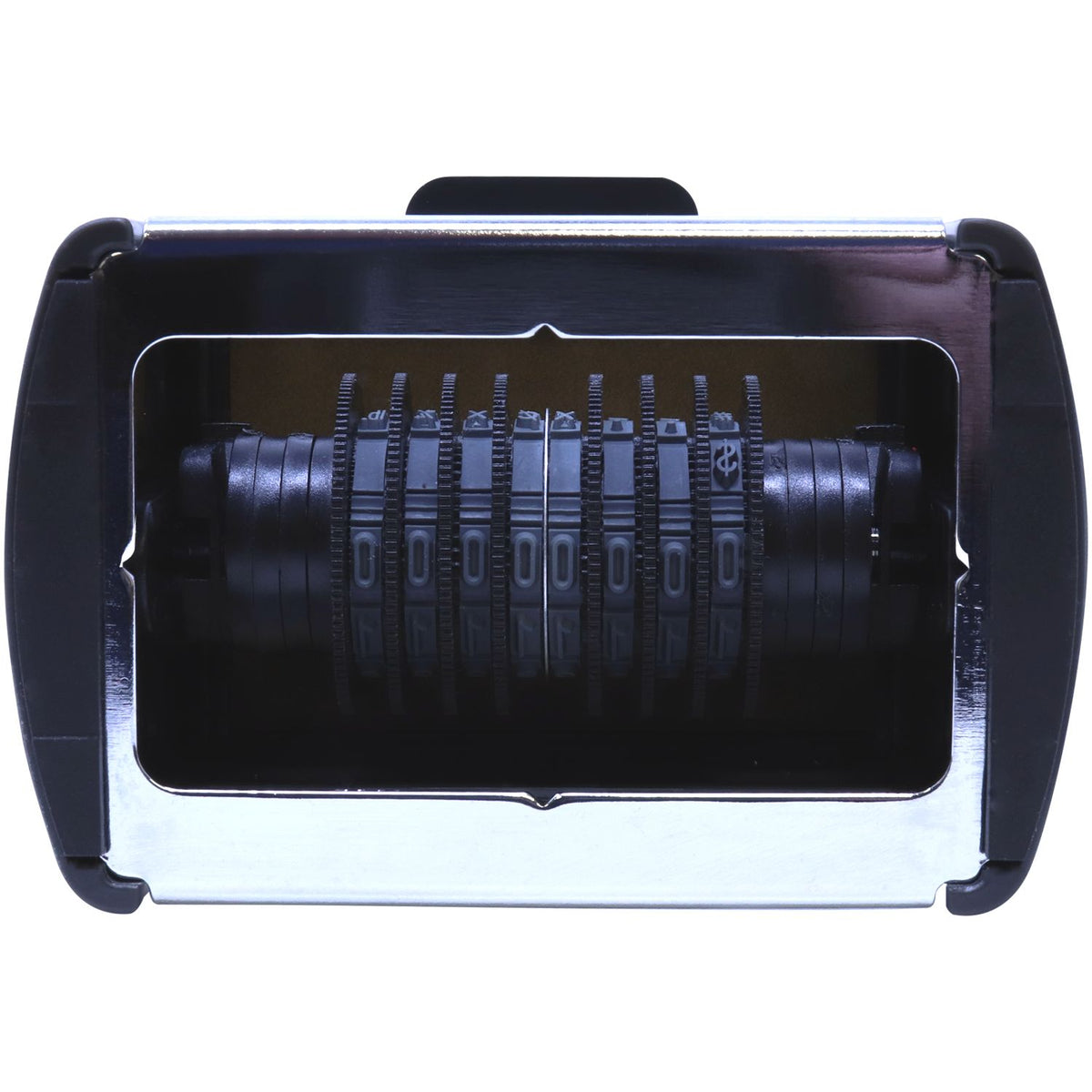 Black and silver self-inking date stamp and seal with rotating number wheels in a rectangular frame