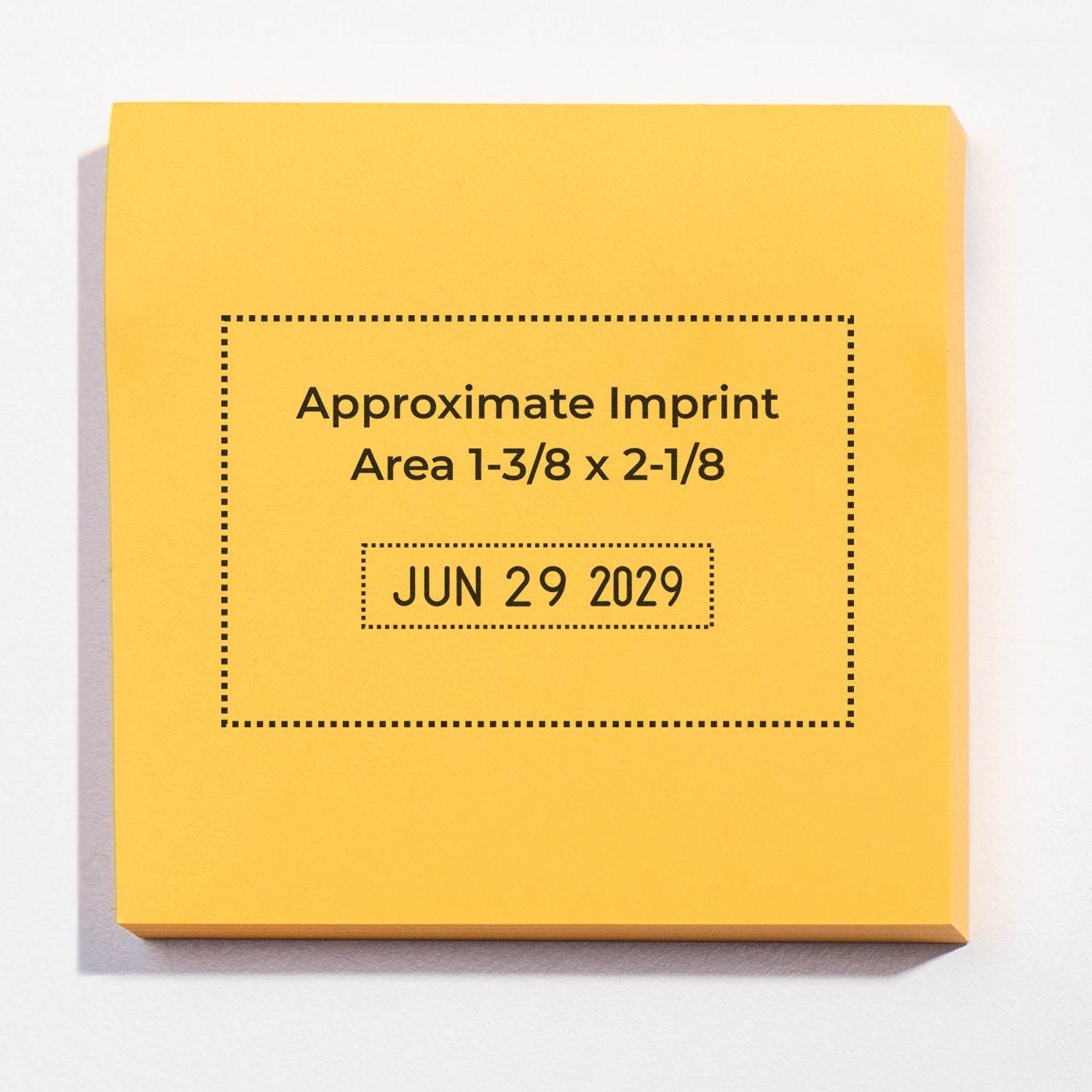 Yellow stamp and seal pad with dotted imprint box, imprint area 1-3/8 x 2-1/8, JUN 29 2029