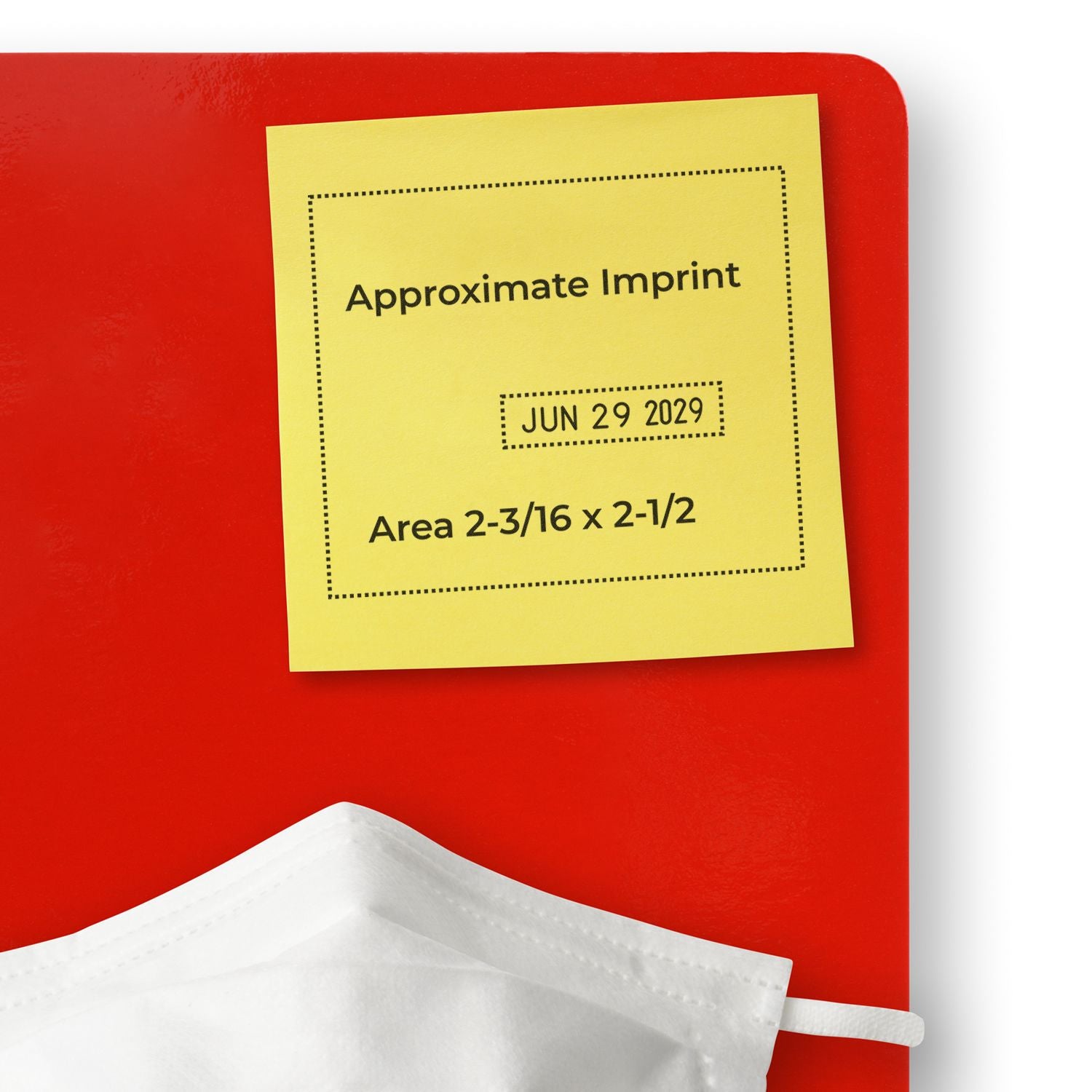 Red stamp and seal kit with yellow note labeled Approximate Imprint, date June 29 2029, and white embossing seal