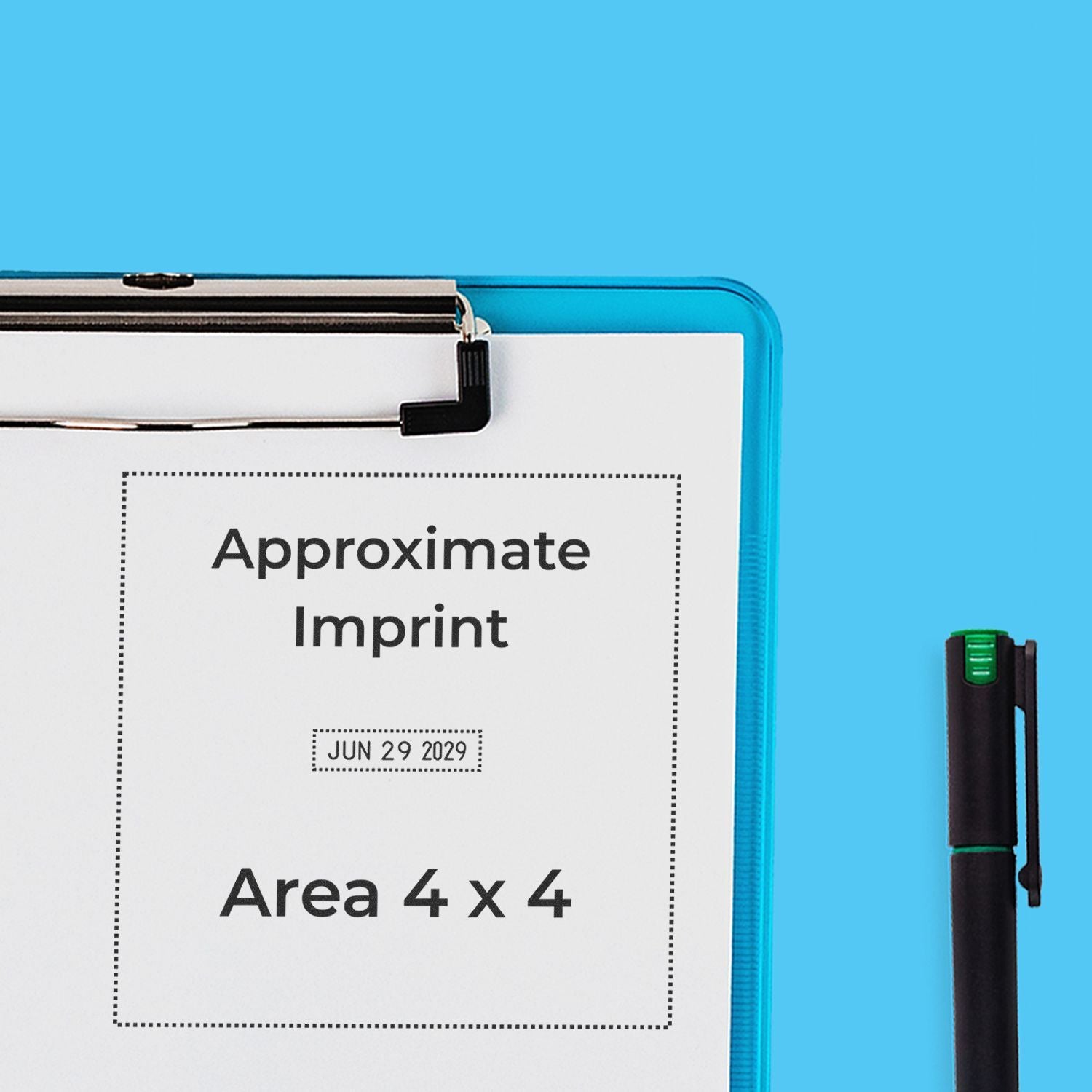 Blue clipboard showing approximate imprint area, date seal, and black-green stamp pen on a bright blue background