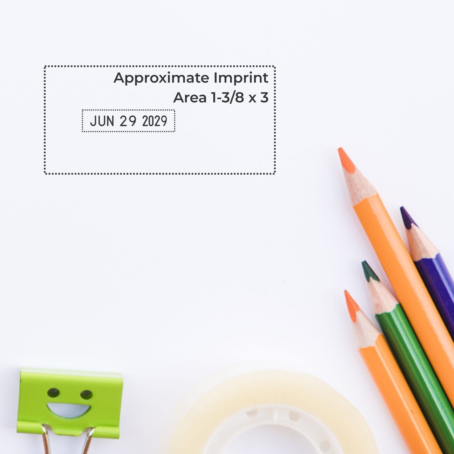 Custom stamp and seal imprint area template with black dotted box, date text, and orange, green, purple pencils on white.