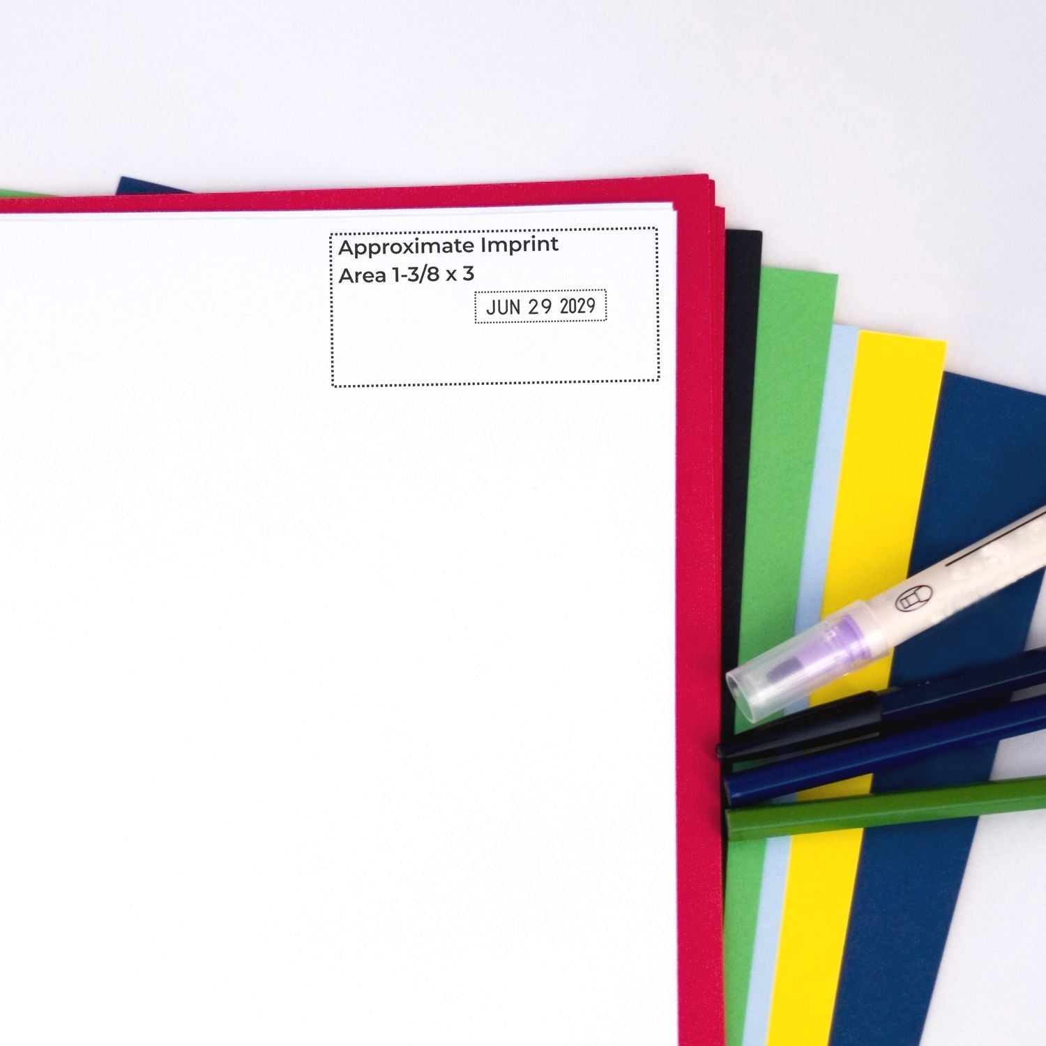 Blank stamp and seal product sheets with red border, imprint area, and colorful stamp pens in green, yellow, blue, and black.