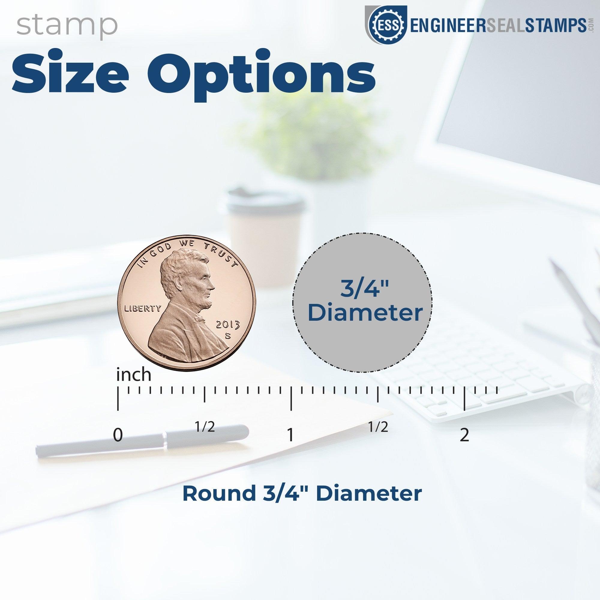 Round 3/4-inch stamp seal size guide with penny, inch ruler, and blue text on a white background.