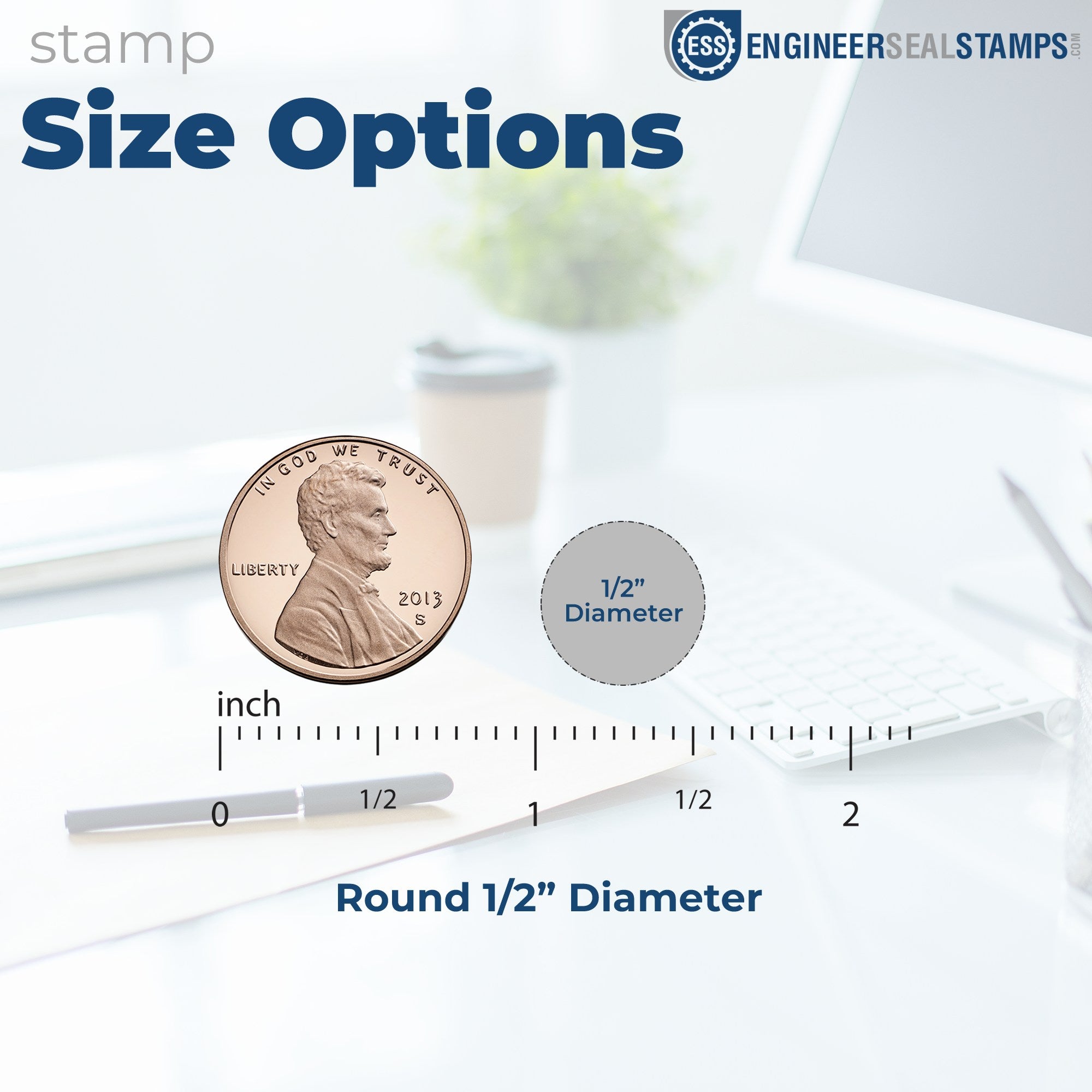 Blue EngineerSealStamps round 1/2-inch stamp seal size guide with coin and ruler on a white background