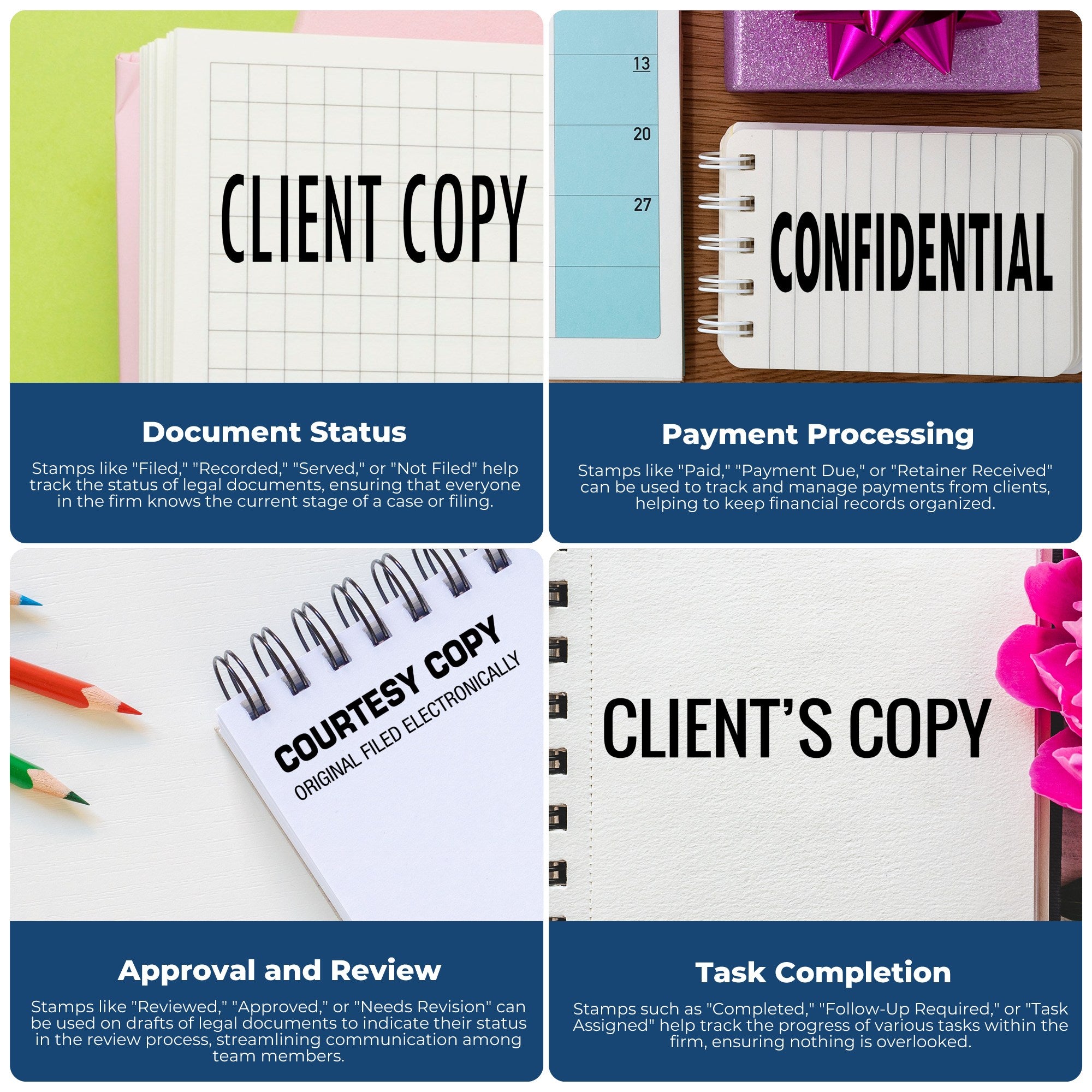 Collage of white notebooks with bold black legal stamp and seal labels: Client Copy, Confidential, Courtesy Copy and Client's Copy.