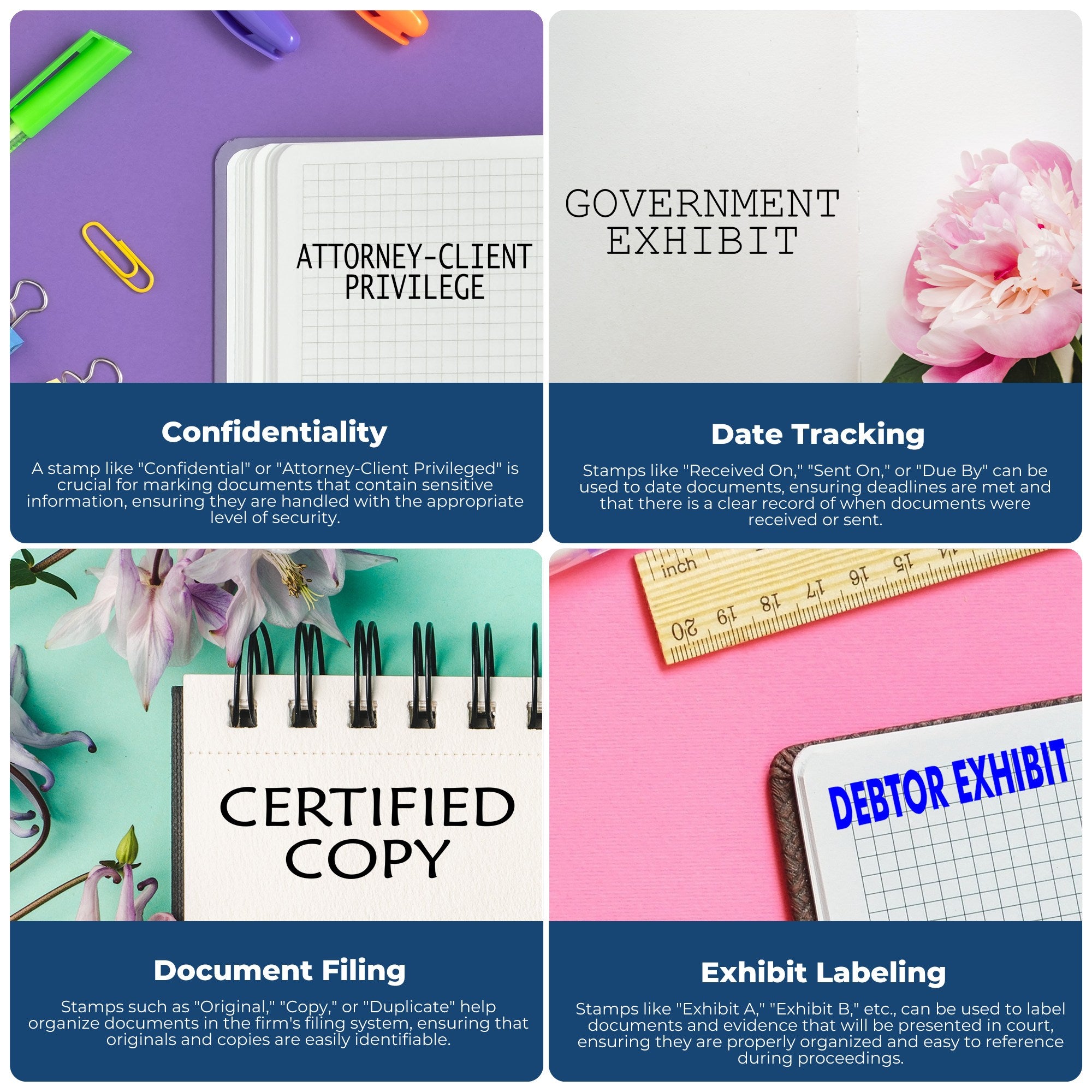 Colorful legal stamp and seal products on purple, white, mint, and pink backgrounds for confidentiality, exhibits, and certified copies.