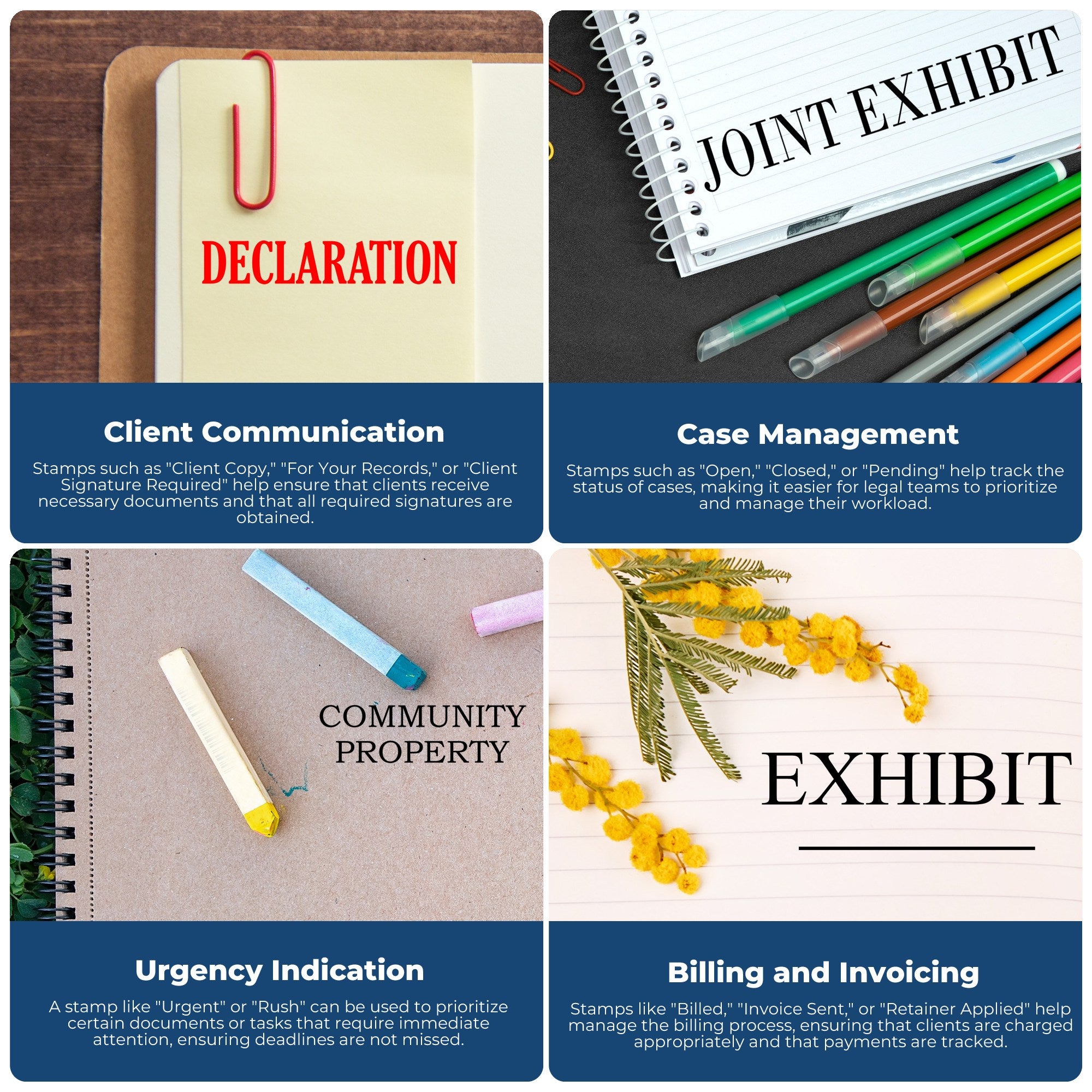 Legal stamp and seal product collage with cream, black, tan, and white stationery labeled Declaration, Exhibit, and Community Property.