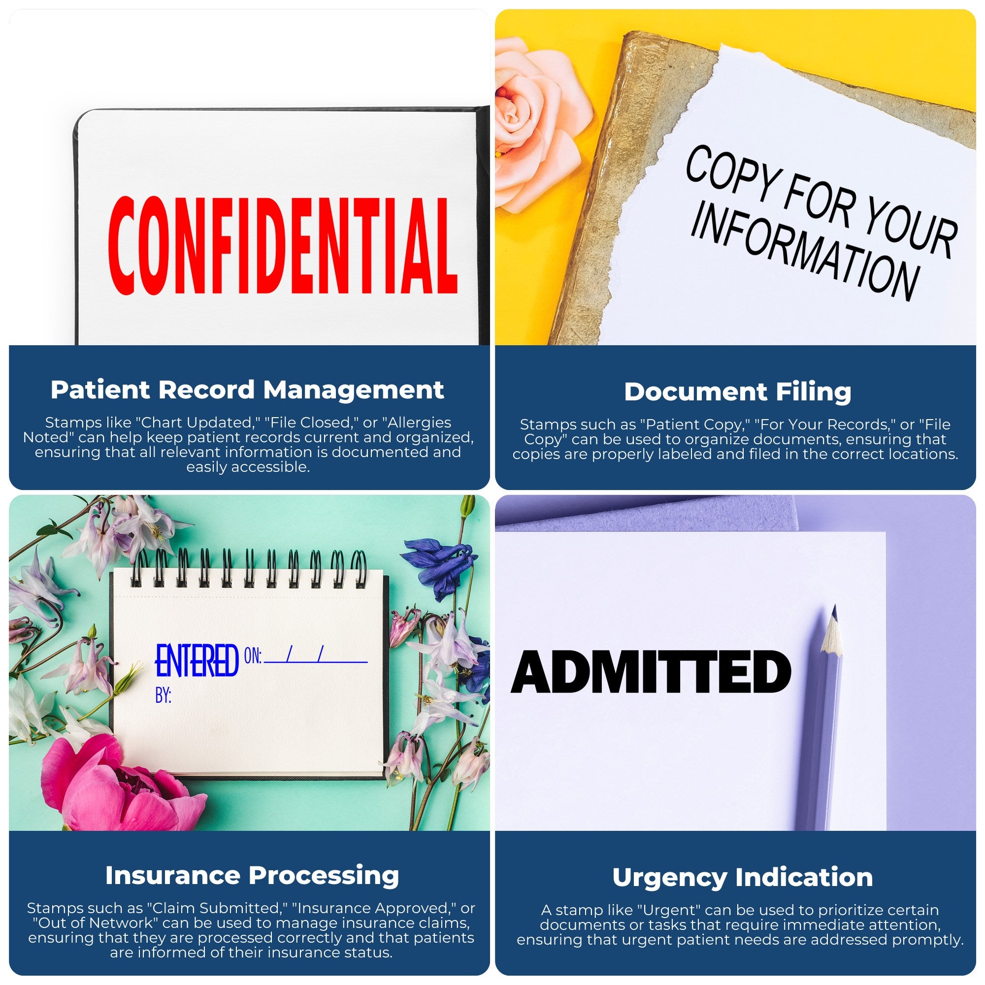 Collage of office stamp and seal products with bold red, black, and blue impressions on white, yellow, teal, and lavender backgrounds.