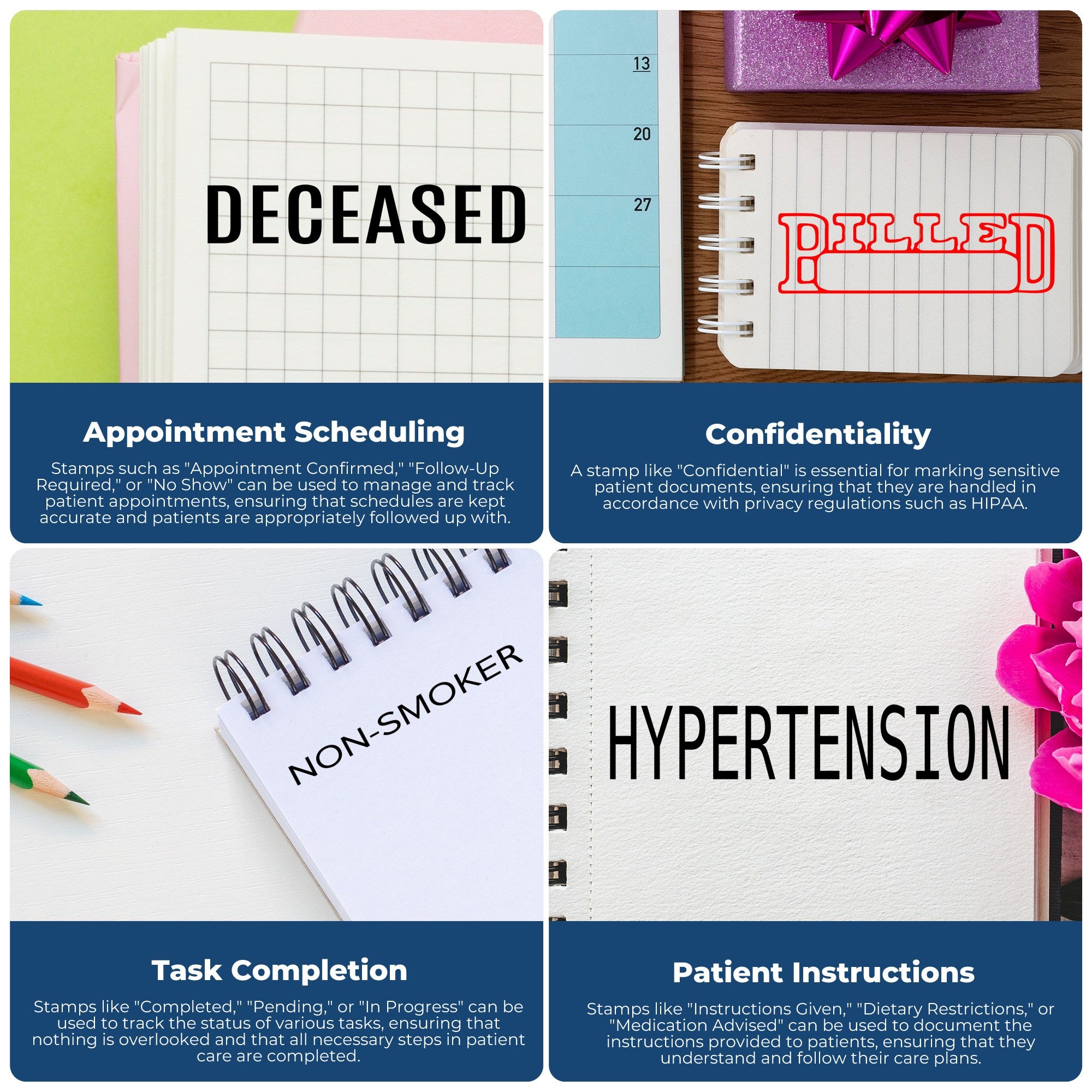 Colorful medical stamp and seal product collage with notebooks labeled DECEASED, CONFIDENTIAL, NON-SMOKER, and HYPERTENSION.