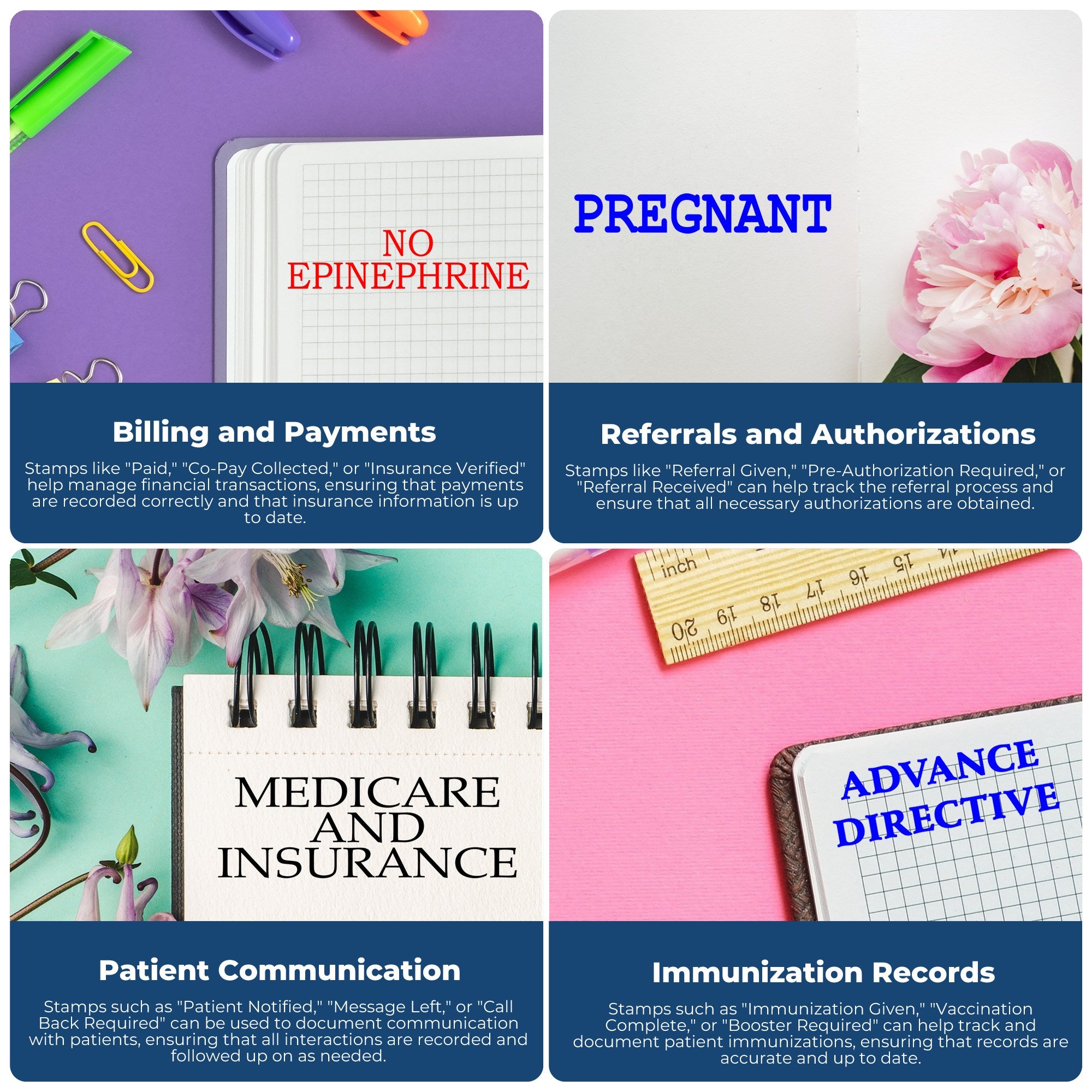 Colorful medical stamp and seal products on purple, pink, and blue backgrounds: No Epinephrine, Pregnant, Medicare, and Advance Directive.