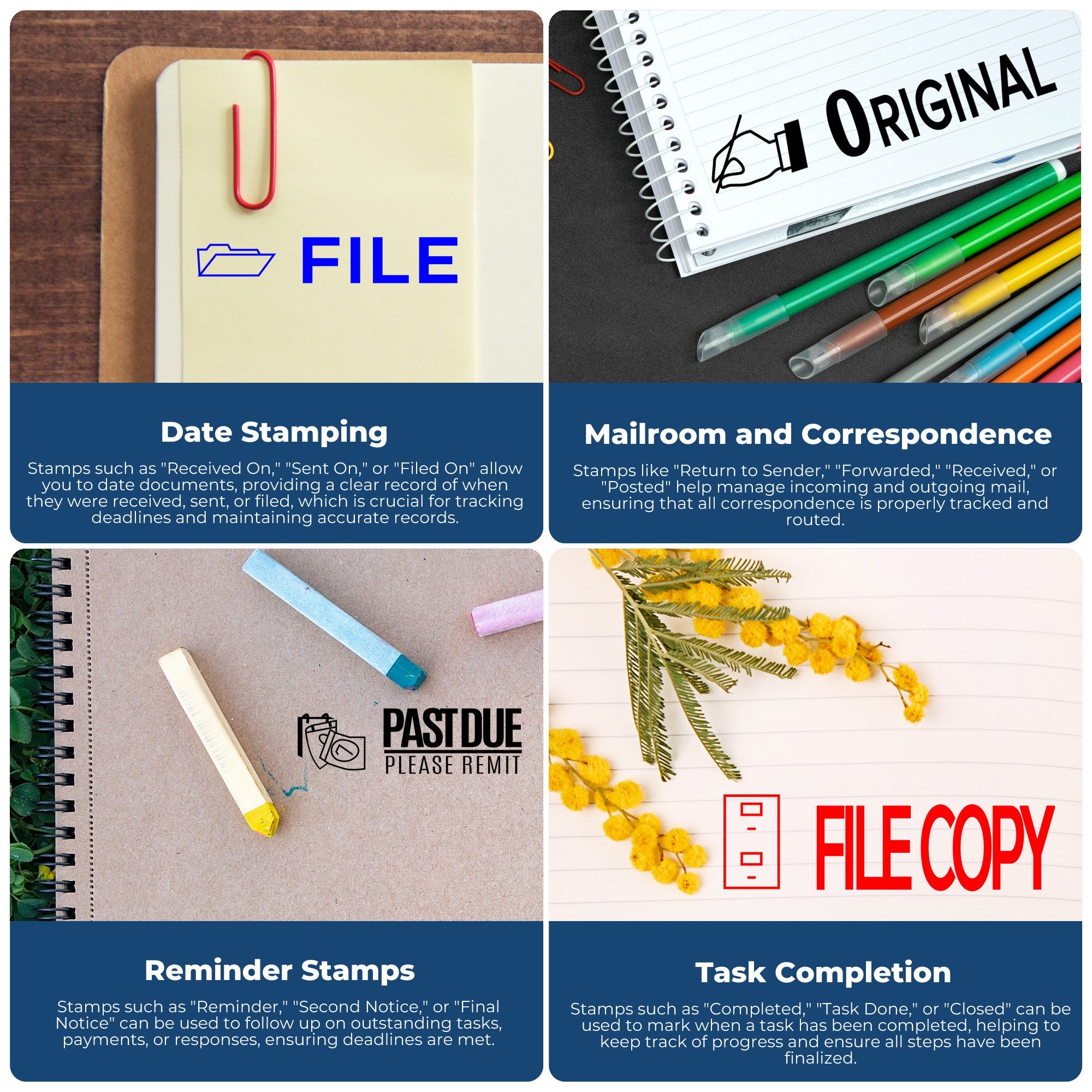 Collage of office stamps and seals: FILE, ORIGINAL, PAST DUE, and FILE COPY in blue, black, red, and yellow on notebooks.