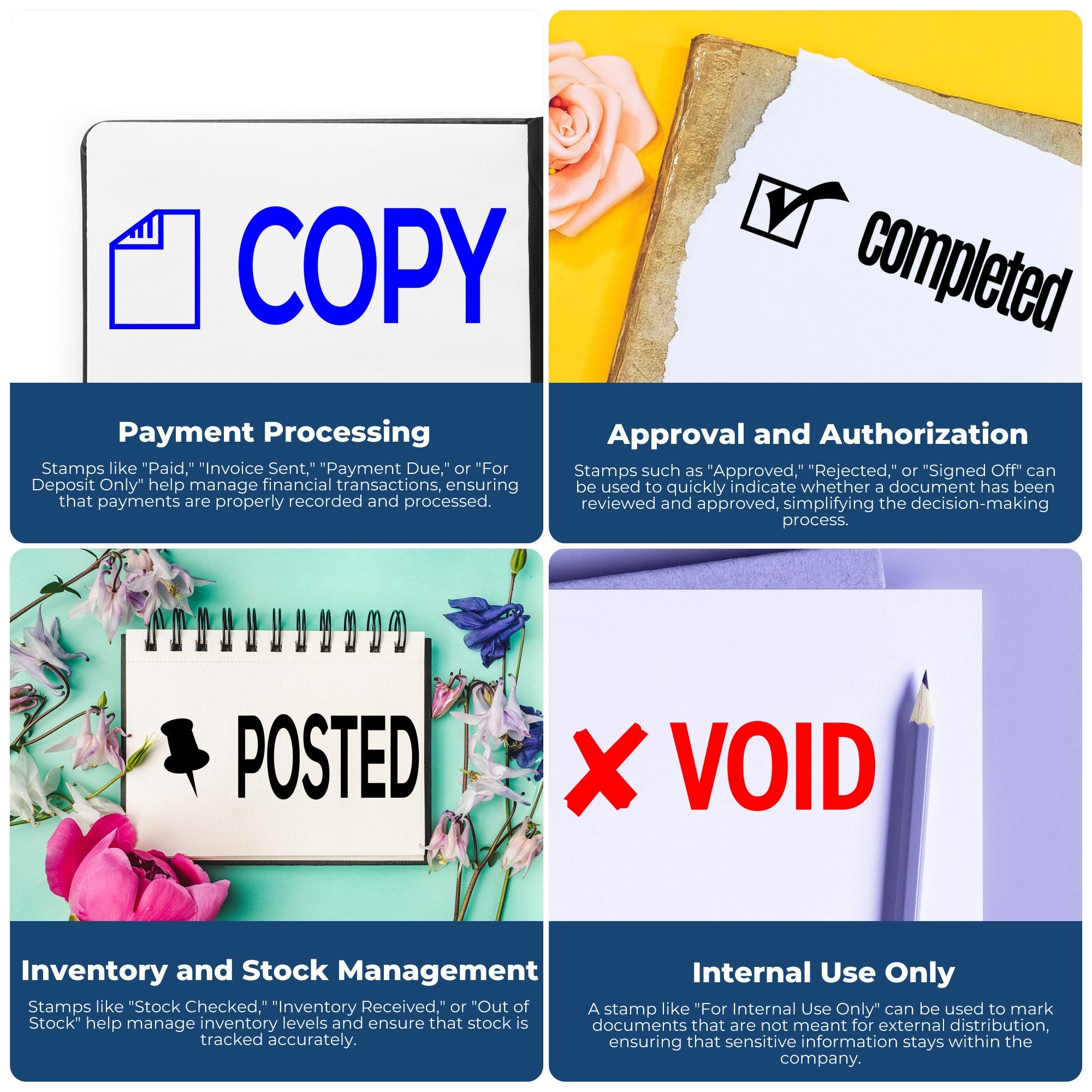 Collage of stamp and seal products showing COPY, completed, POSTED, and VOID designs on white, blue, yellow, and pastel backgrounds.