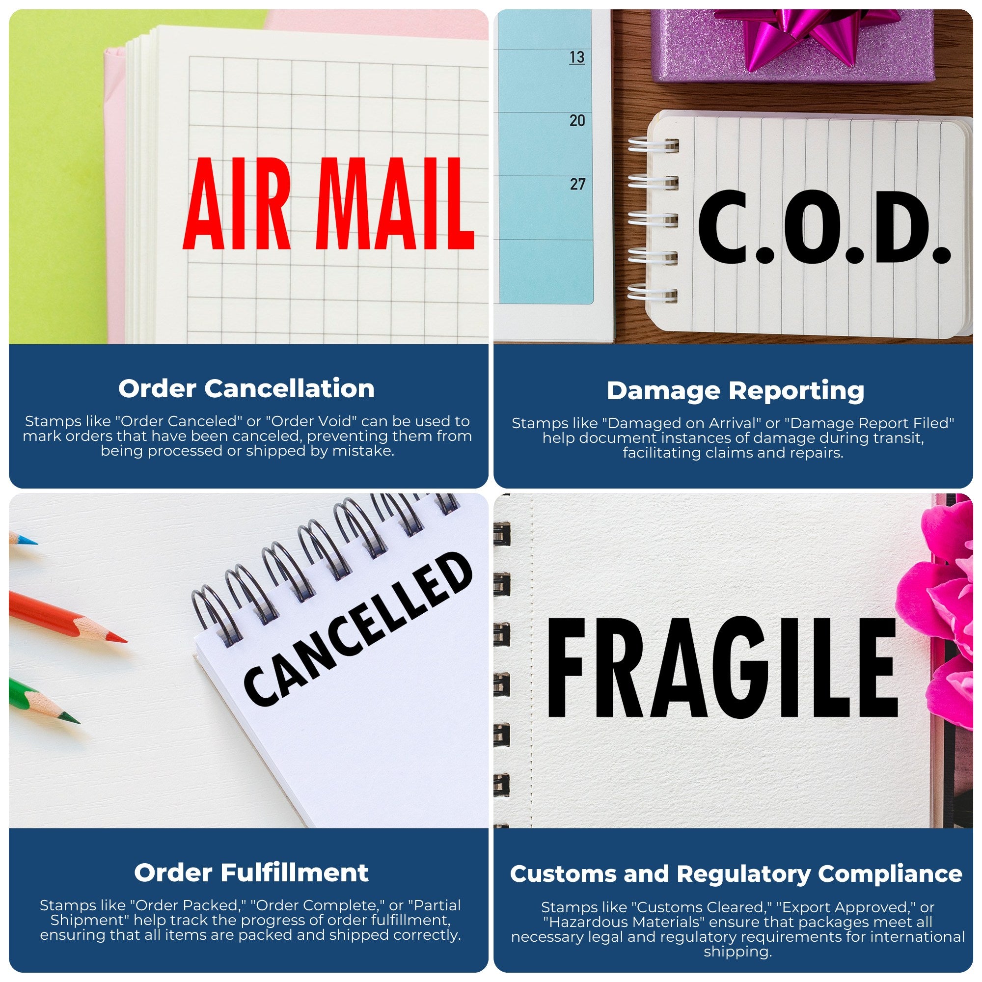 Multi-panel stamp and seal product display with AIR MAIL, C.O.D., CANCELED, and FRAGILE labels in red, black, and white.