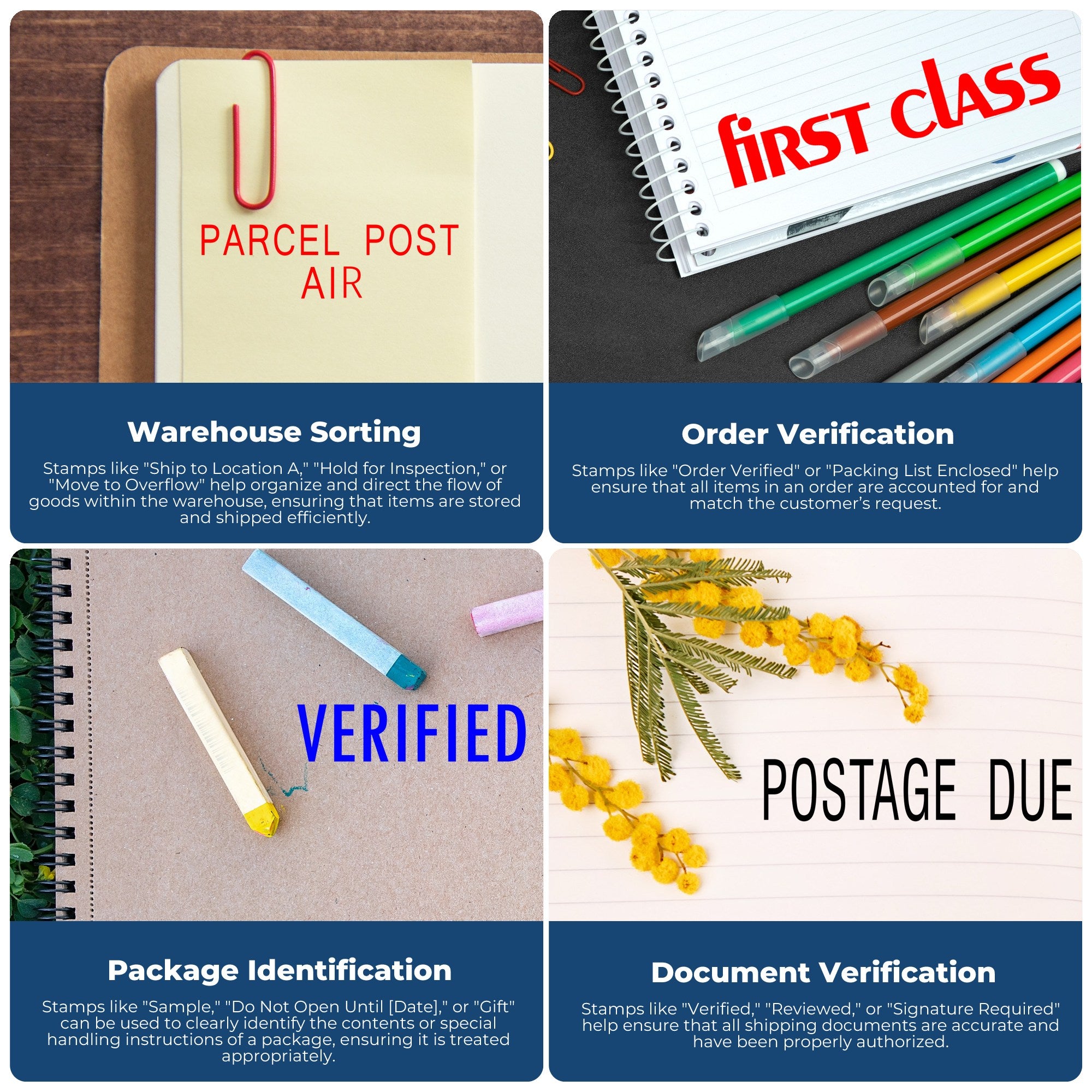 Collage of colorful stamp and seal products: Parcel Post Air, First Class, Verified, and Postage Due on notebooks and envelopes.