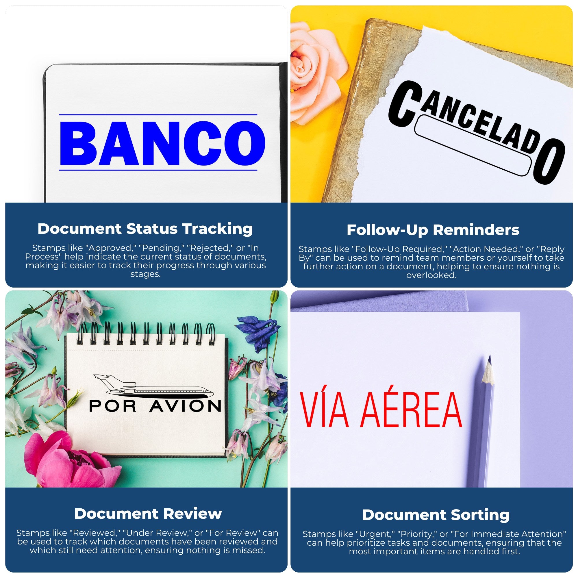 Stamp and seal product collage showing BANCO, CANCELADO, POR AVIÓN and VÍA AÉREA stamps on notebooks with blue, black and red text.