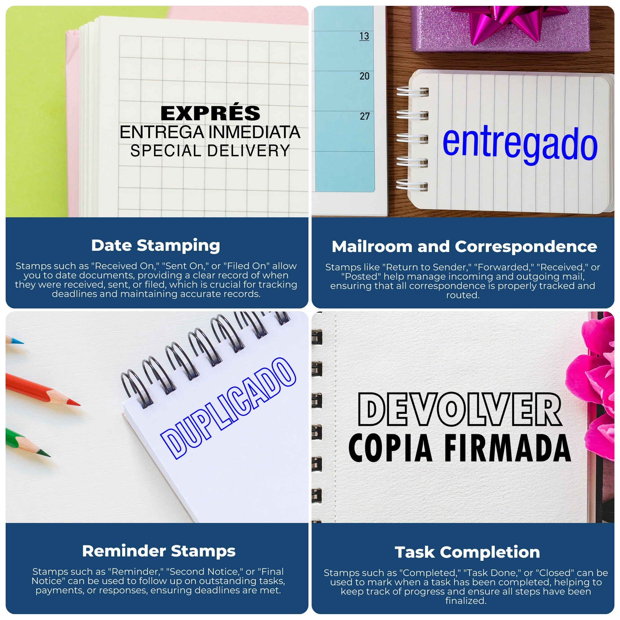 Colorful notebook stamp and seal collage with blue, black, and white labels: express delivery, delivered, duplicate, return signed copy.