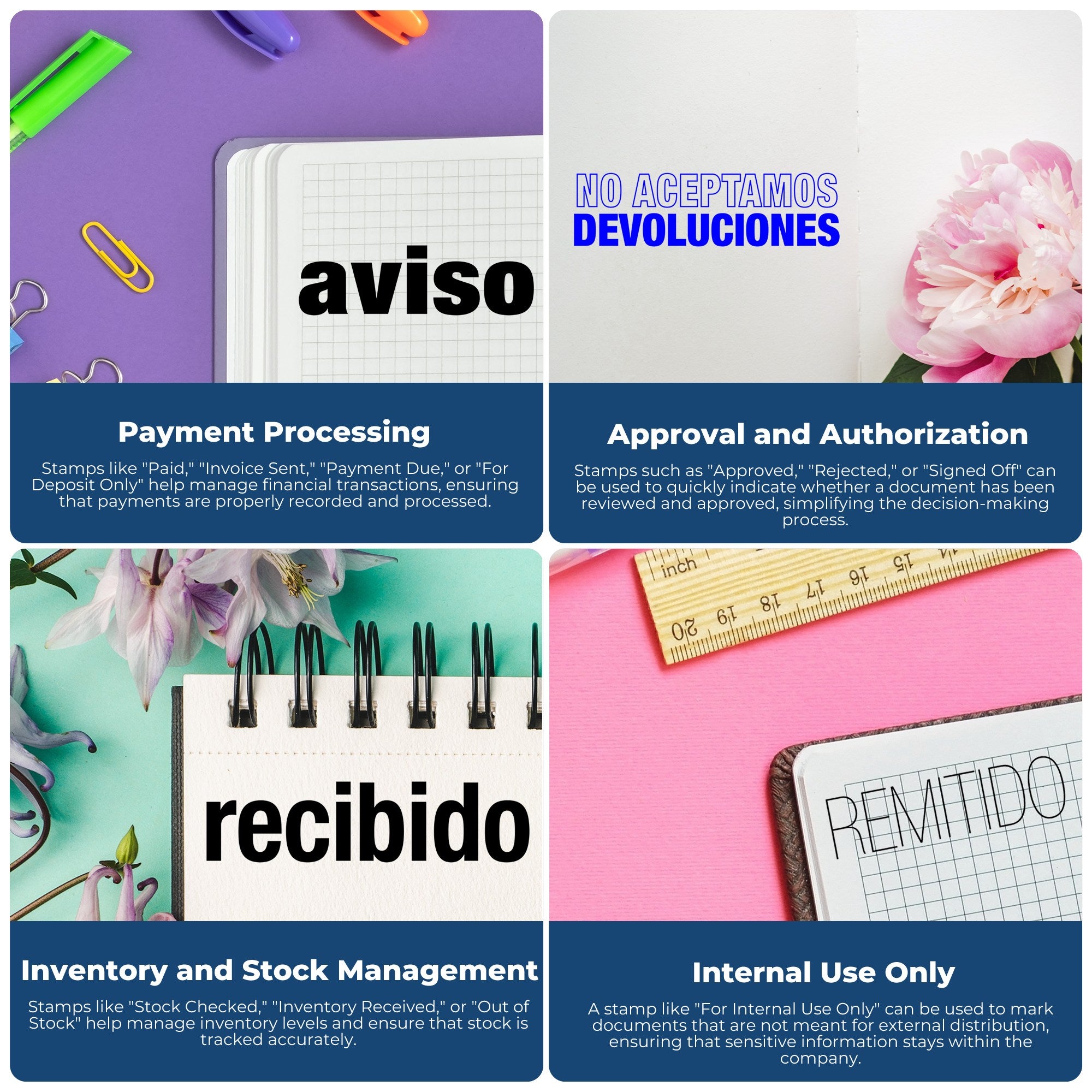 Colorful stamp and seal product collage with purple, pink, and mint notebooks labeled aviso, recibido, remitido, and no aceptamos devoluciones.