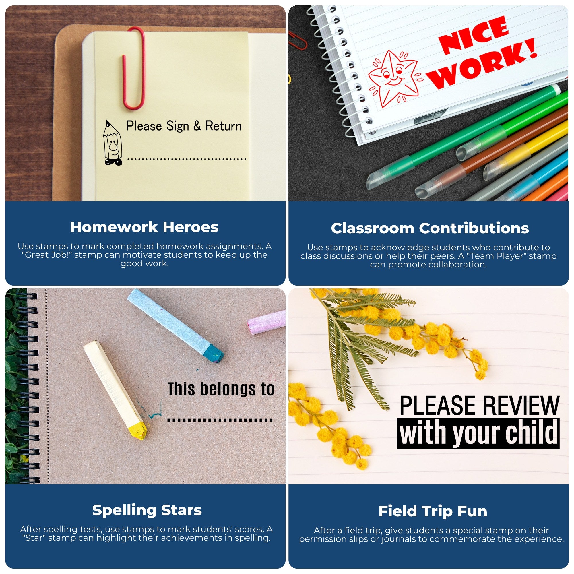 Classroom stamp and seal products on notebooks, with red, black, and blue accents for homework, praise, spelling, and field trips.