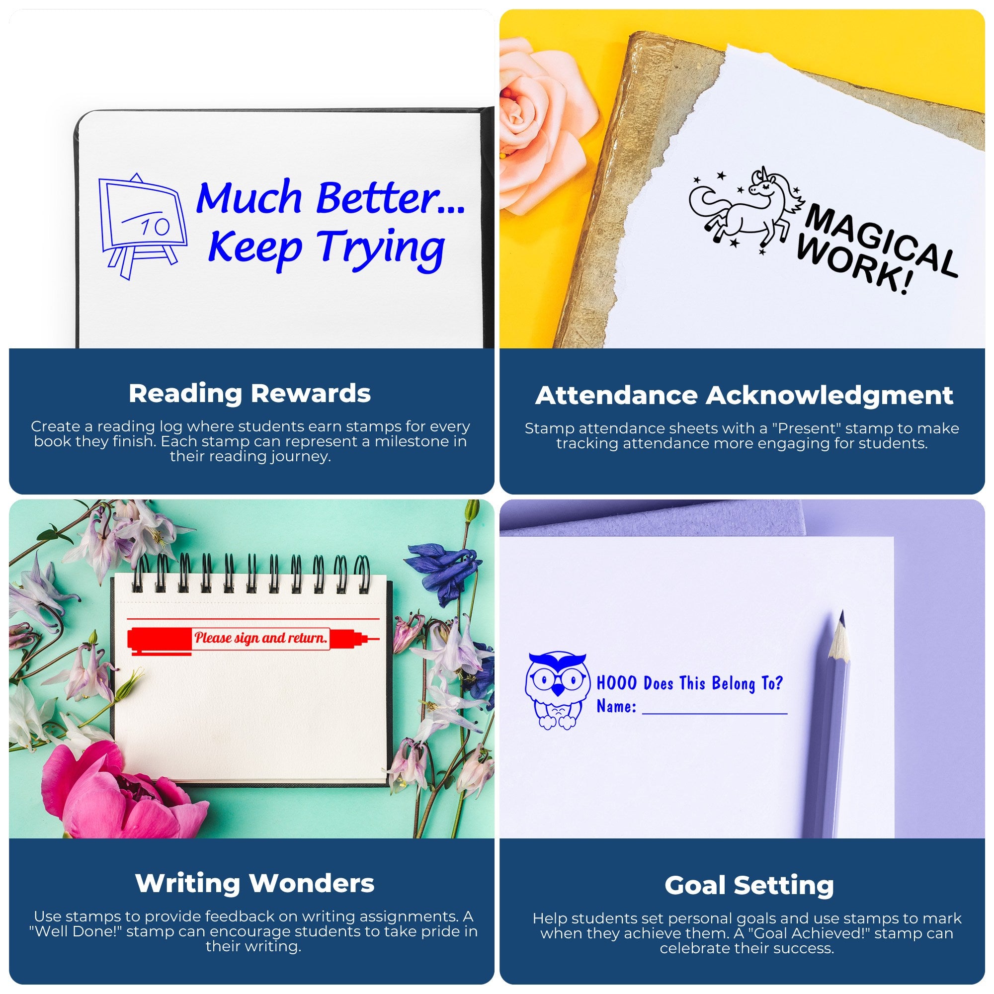 Colorful stamp and seal product collage showing blue, black, red, and purple classroom stamps for reading, attendance, writing, and goals.