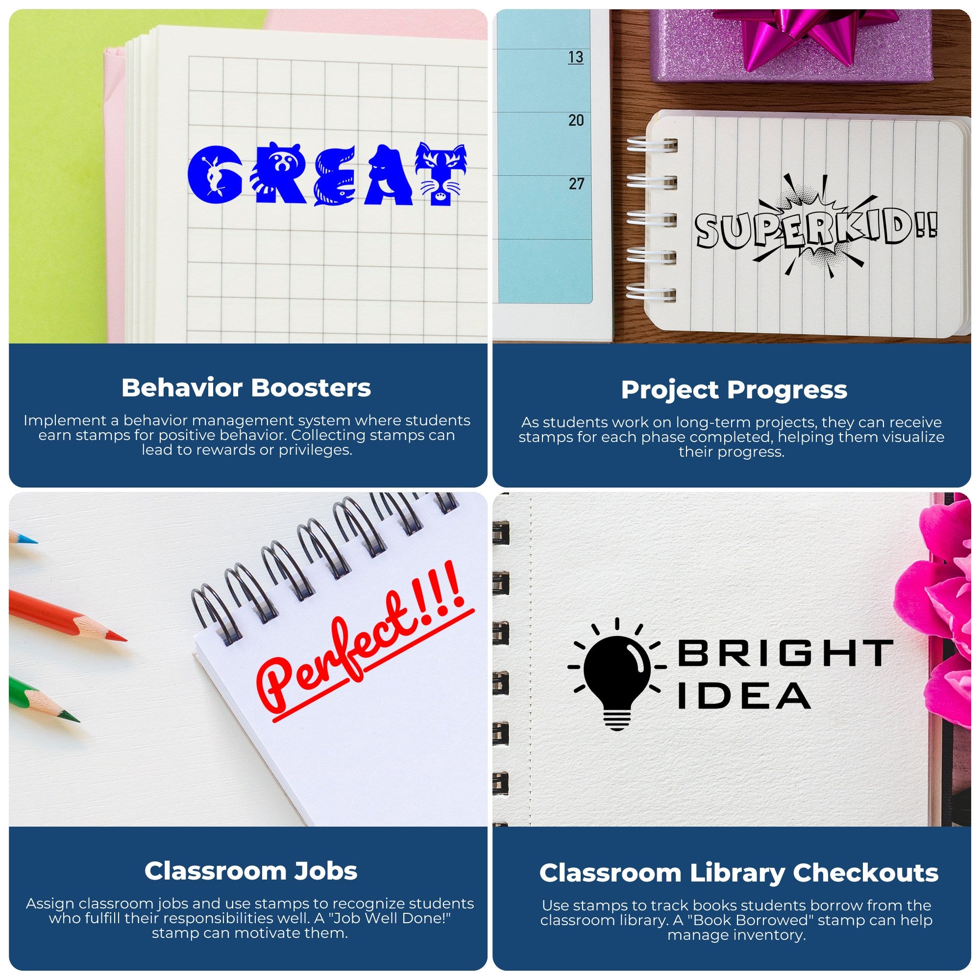 Colorful classroom stamp and seal products with blue, black and red motivational notebook stamps: GREAT, SUPERKID, Perfect, BRIGHT IDEA.