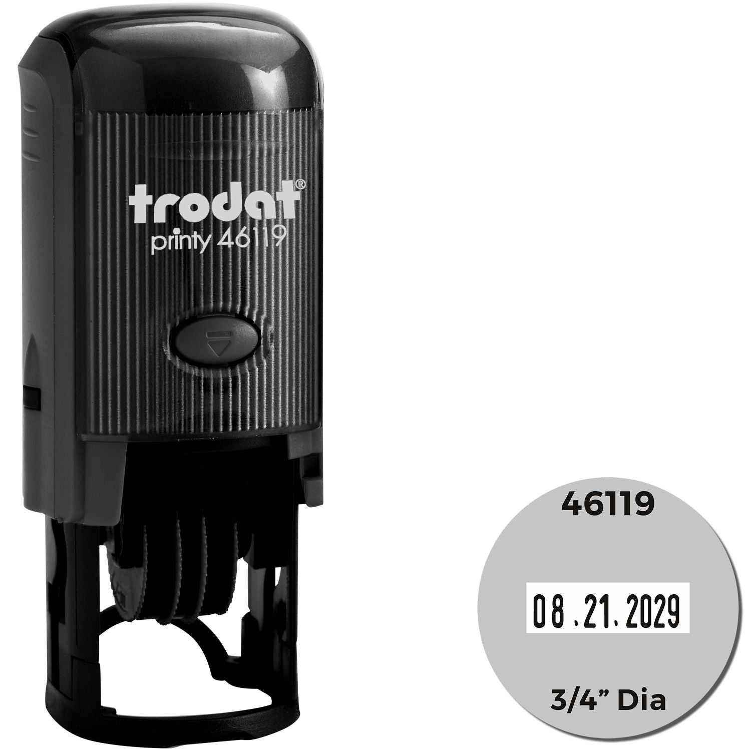 Black Trodat Printy 46119 self-inking date stamp and seal, with gray 3/4-inch round impression showing 08.21.2029.