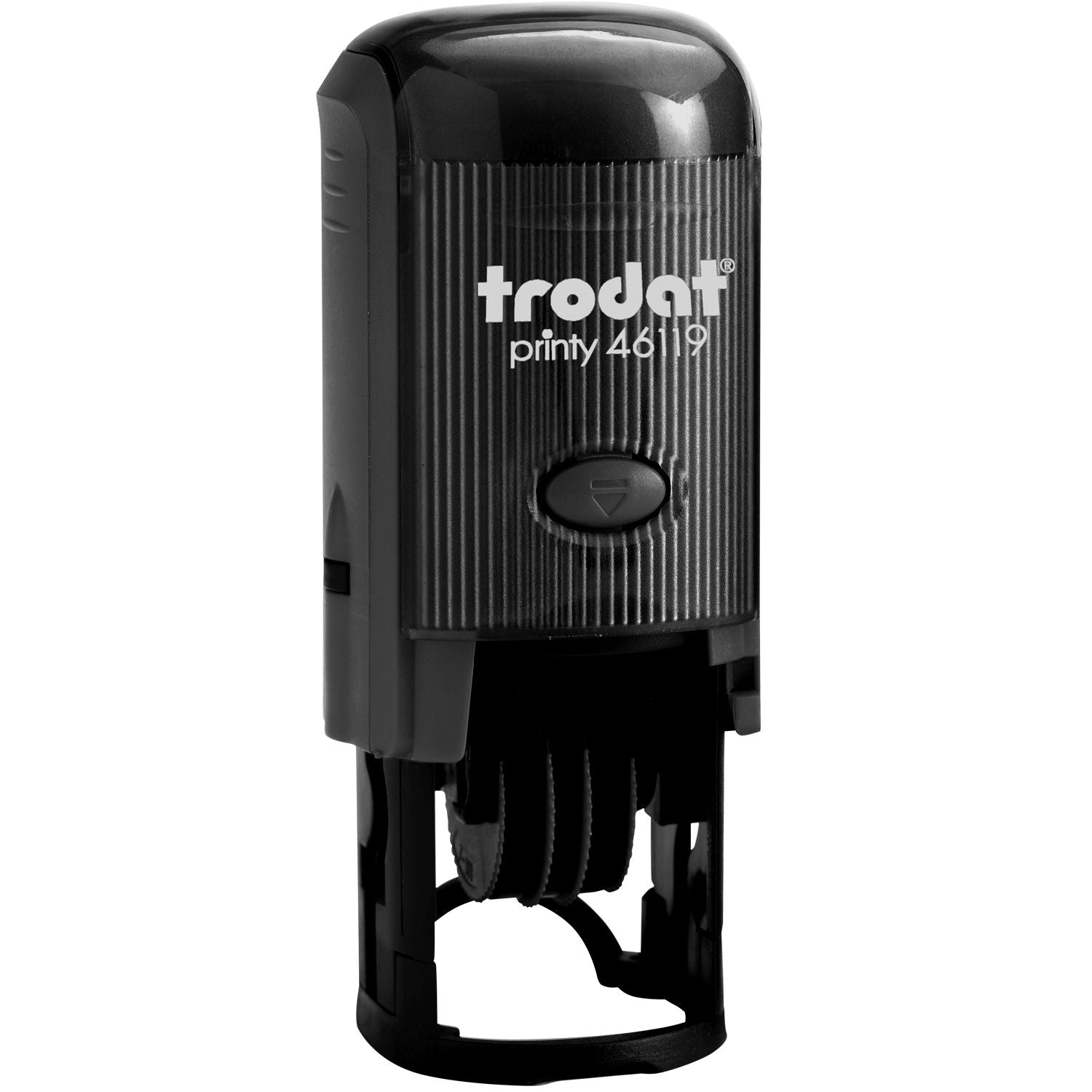 Black Trodat Printy 46119 self-inking stamp seal with ribbed body and push button