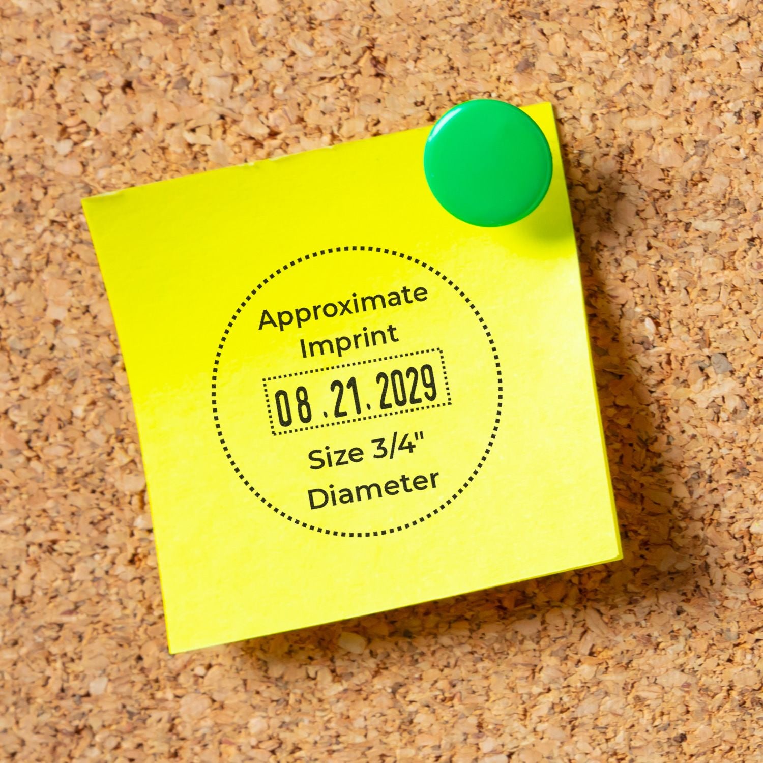 Yellow stamp and seal sample with green circular seal on corkboard, showing approximate imprint 08.21.2029 and 3/4-inch diameter.