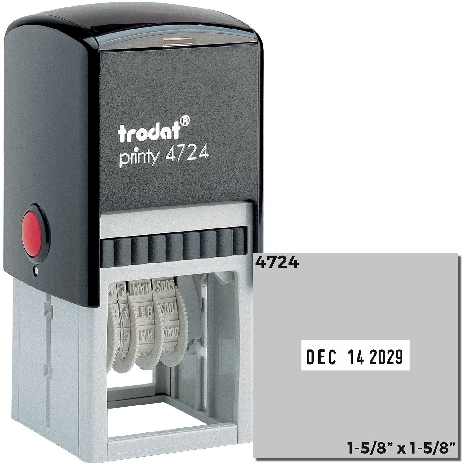 Black and gray Trodat Printy 4724 self-inking date stamp and seal with red button, showing Dec 14 2029 and 1-5/8 x 1-5/8 size.
