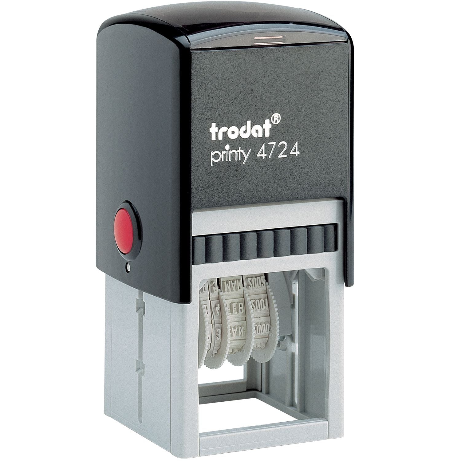 Black and gray Trodat Printy 4724 self-inking stamp and seal with red button and white date wheels.