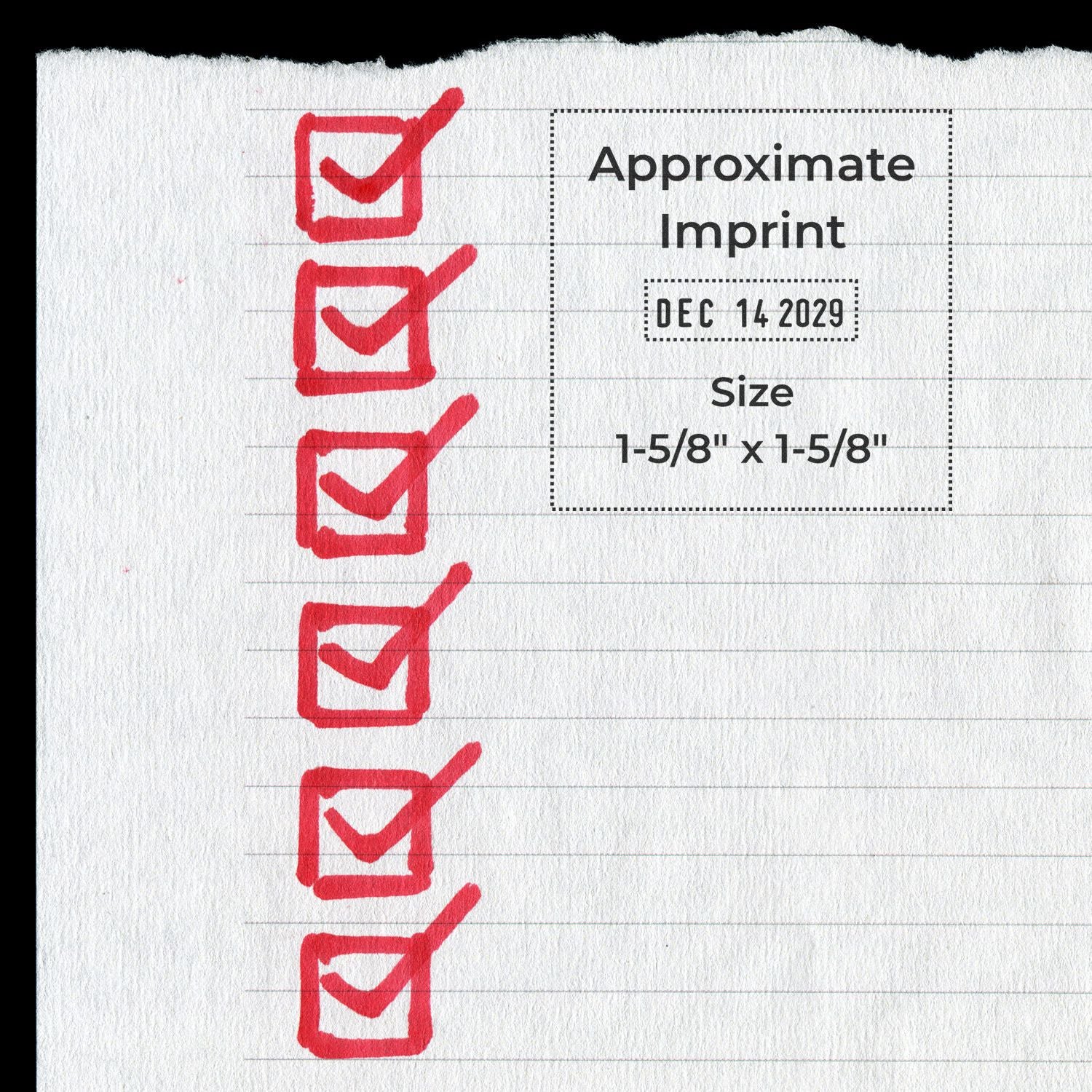 Red checkmark stamp seal designs on lined paper, with approximate imprint label, DEC 14 2029, and 1-5/8 x 1-5/8 size