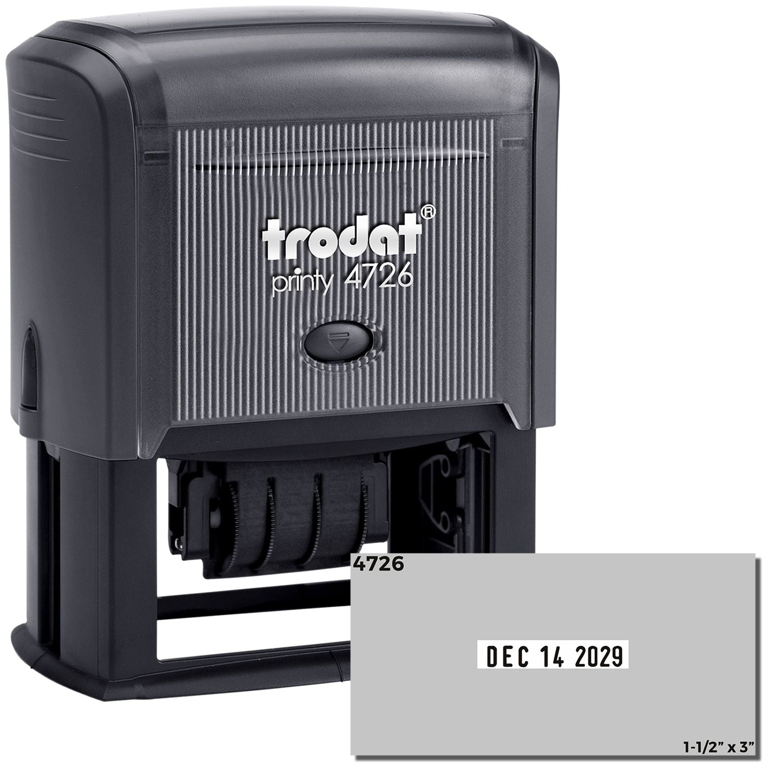 Black Trodat Printy 4726 self-inking date stamp with gray base and date seal reading Dec 14 2029.