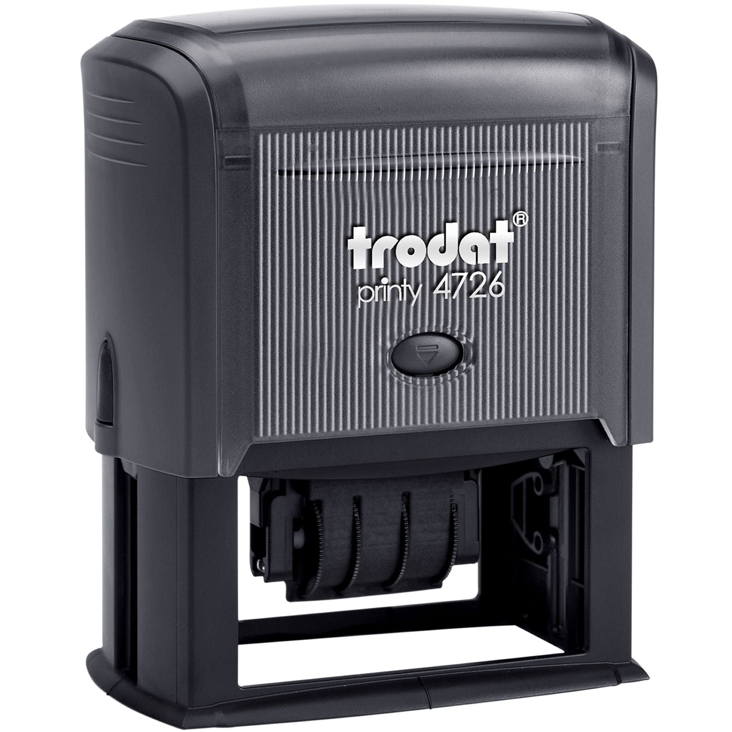 Black Trodat Printy 4726 self-inking stamp seal with ribbed housing and date wheel