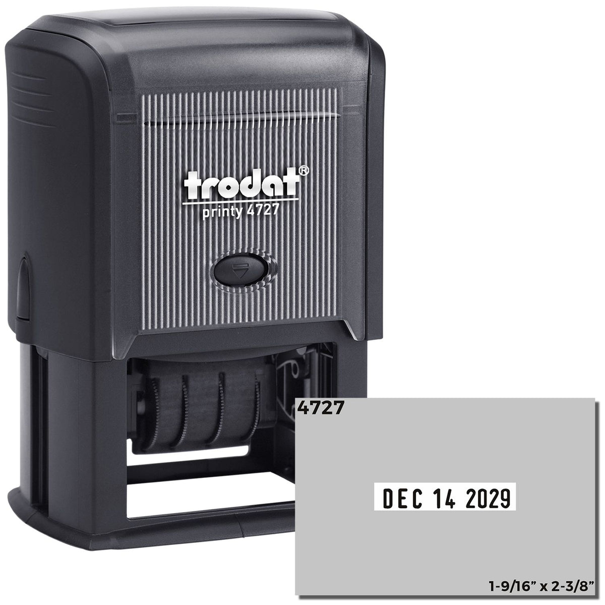 Black Trodat Printy 4727 date stamp and seal with gray body, adjustable date band, and white imprinted date plate.