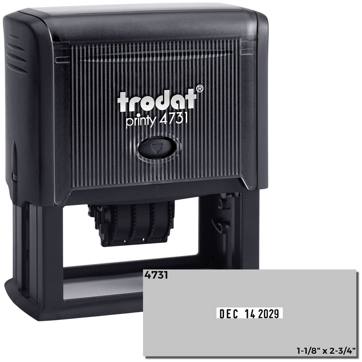 Black Trodat Printy 4731 self-inking date stamp with gray date impression card, showing Dec. 14, 2029.