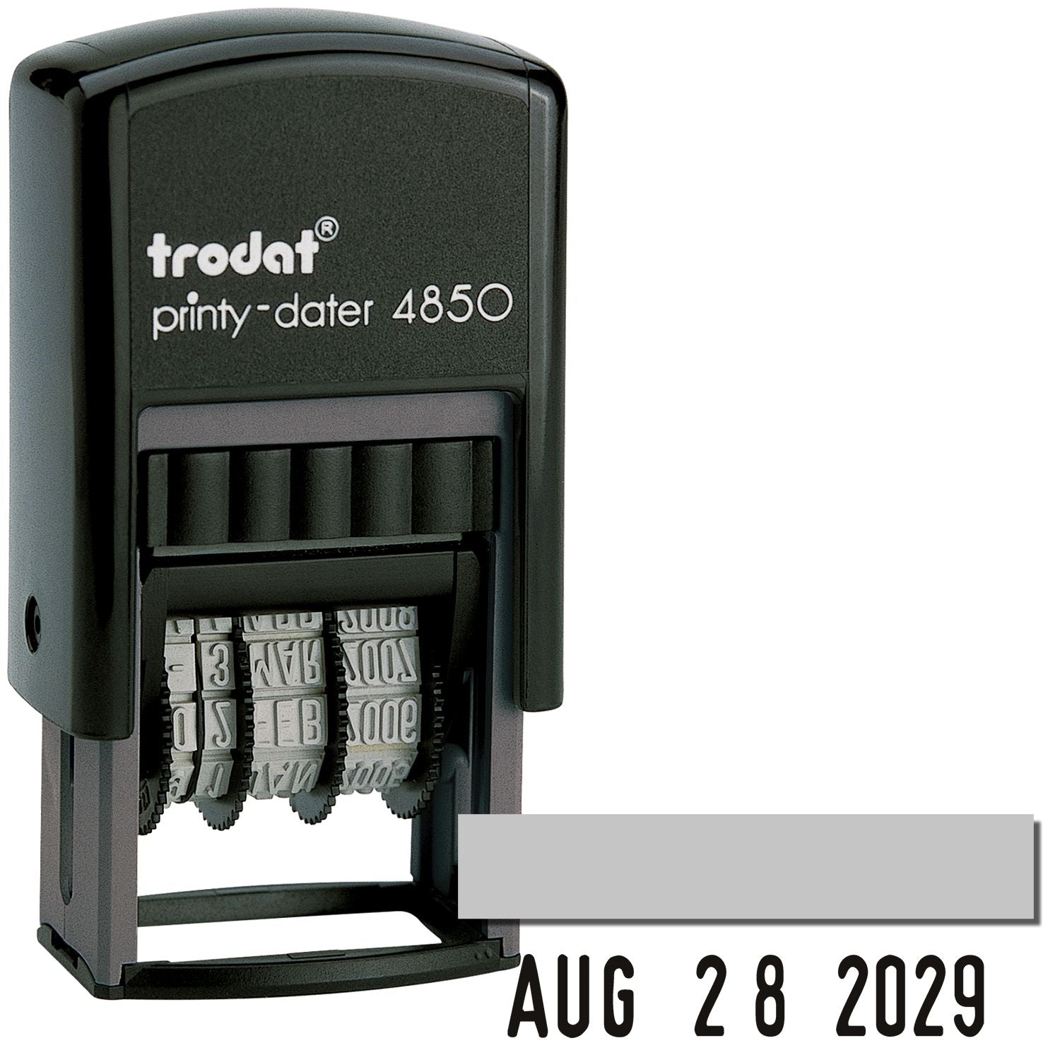 Black Trodat Printy-Dater 4850 self-inking date stamp, black and gray, showing AUG 28 2029 on a white background