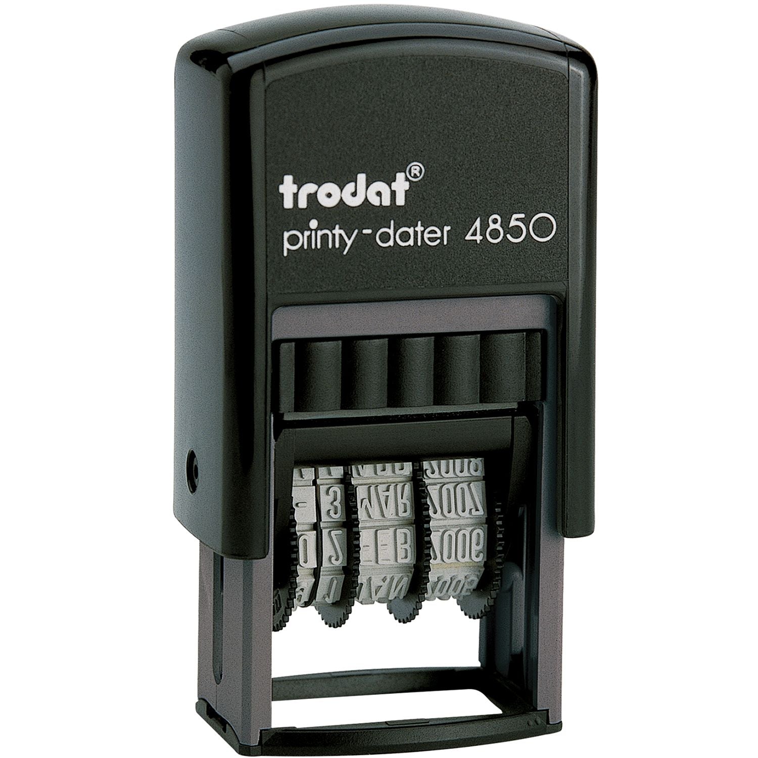 Black Trodat Printy-Dater 4850 self-inking date stamp, black body with gray rotating number bands and white branding.