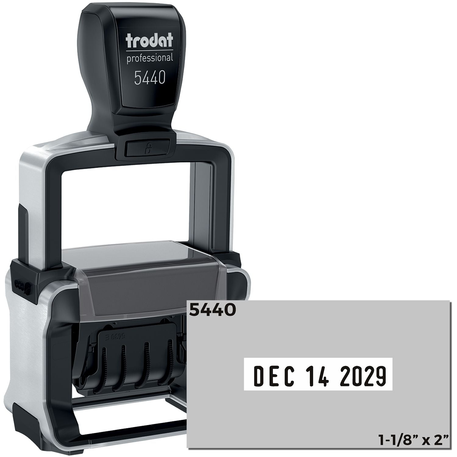 Black and silver Trodat Professional 5440 self-inking date stamp and seal with DEC 14 2029 imprint