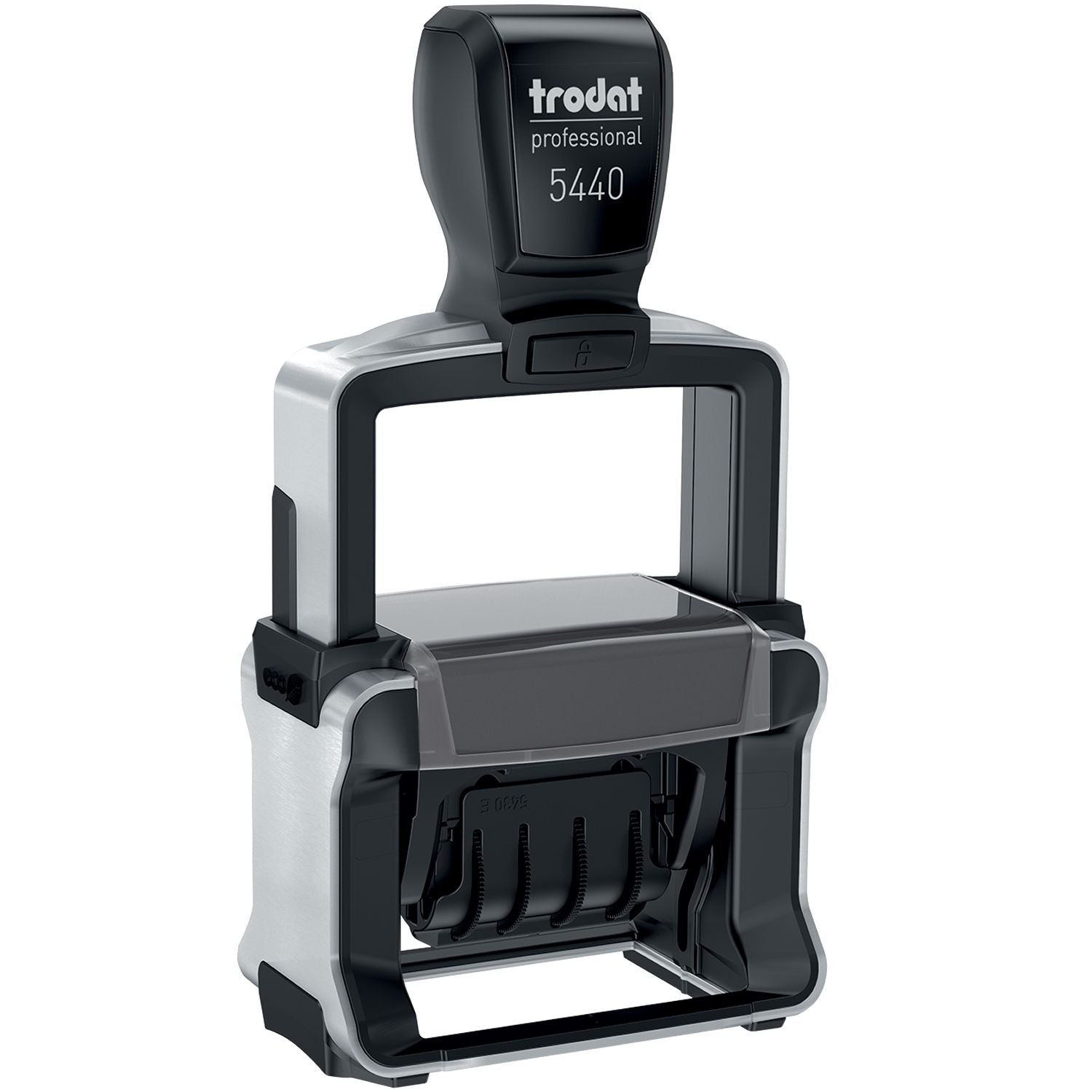 Black and silver Trodat Professional 5440 self-inking stamp and seal with rectangular frame and lock button.