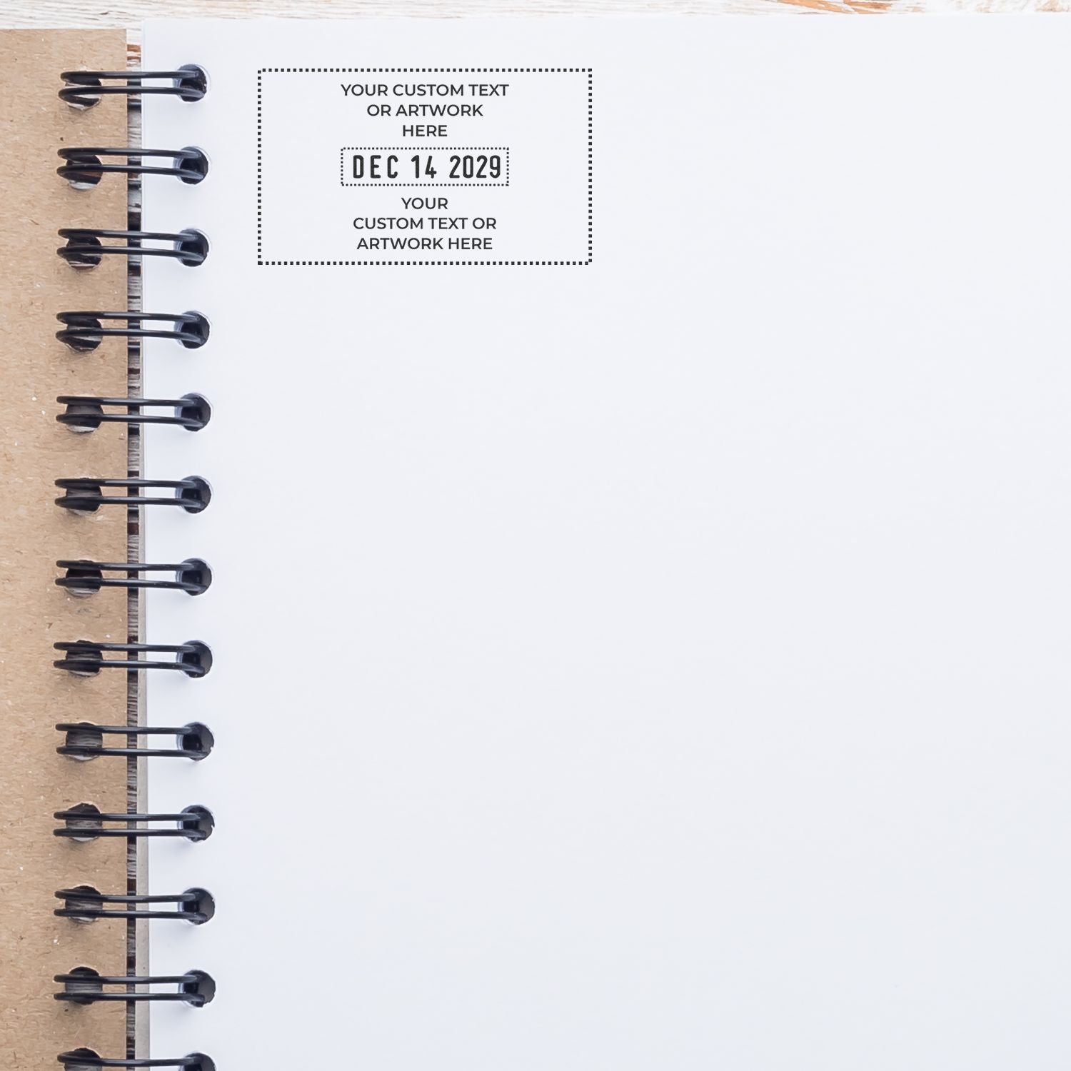 Custom stamp and seal design on white notebook page, black dotted border and text, with date DEC 14 2029.