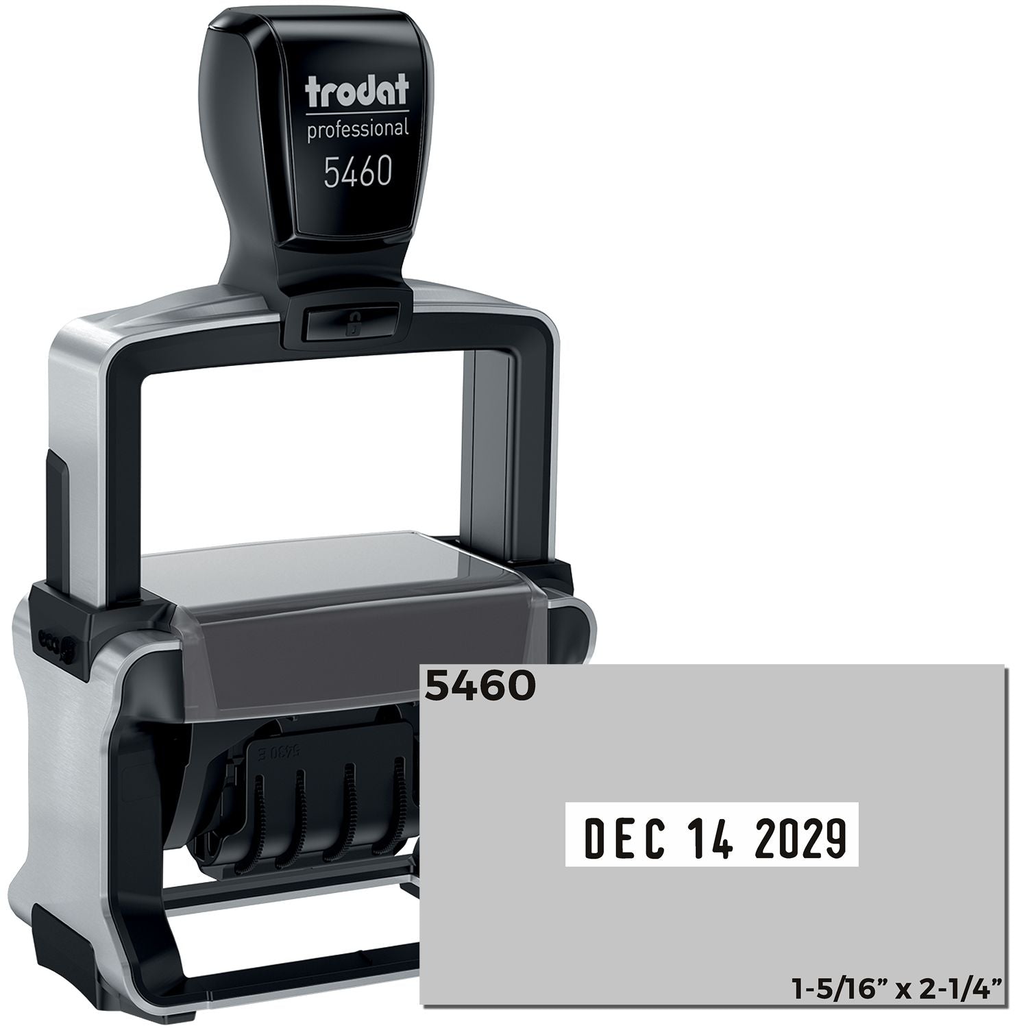 Black and silver Trodat Professional 5460 self-inking date stamp with gray impression reading DEC 14 2029