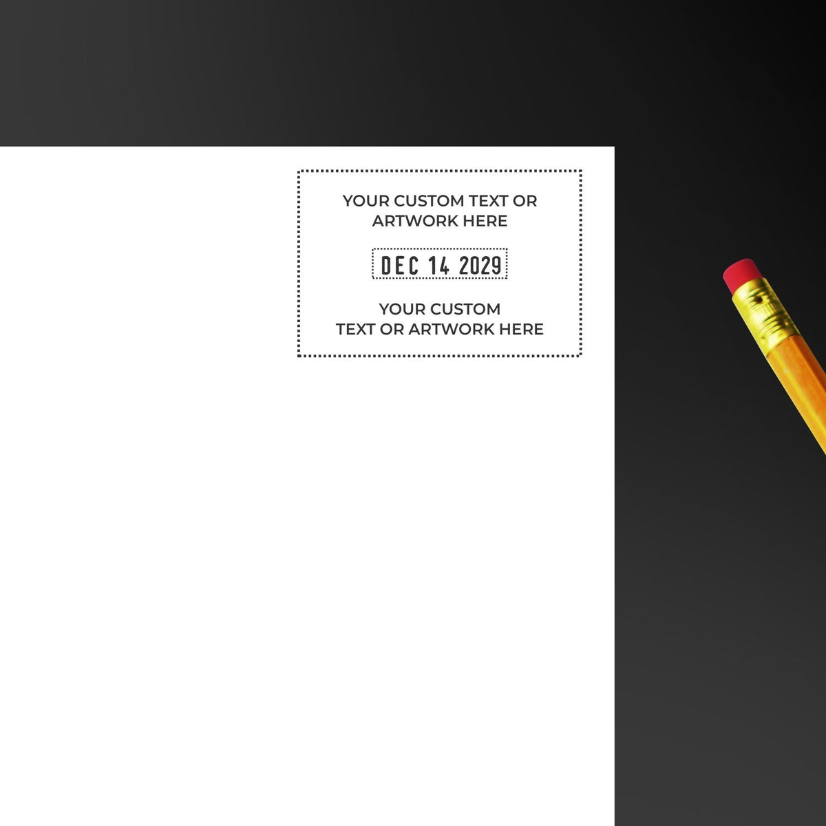 Custom stamp and seal layout on white paper with dotted border, date text, and yellow pencil on dark background.