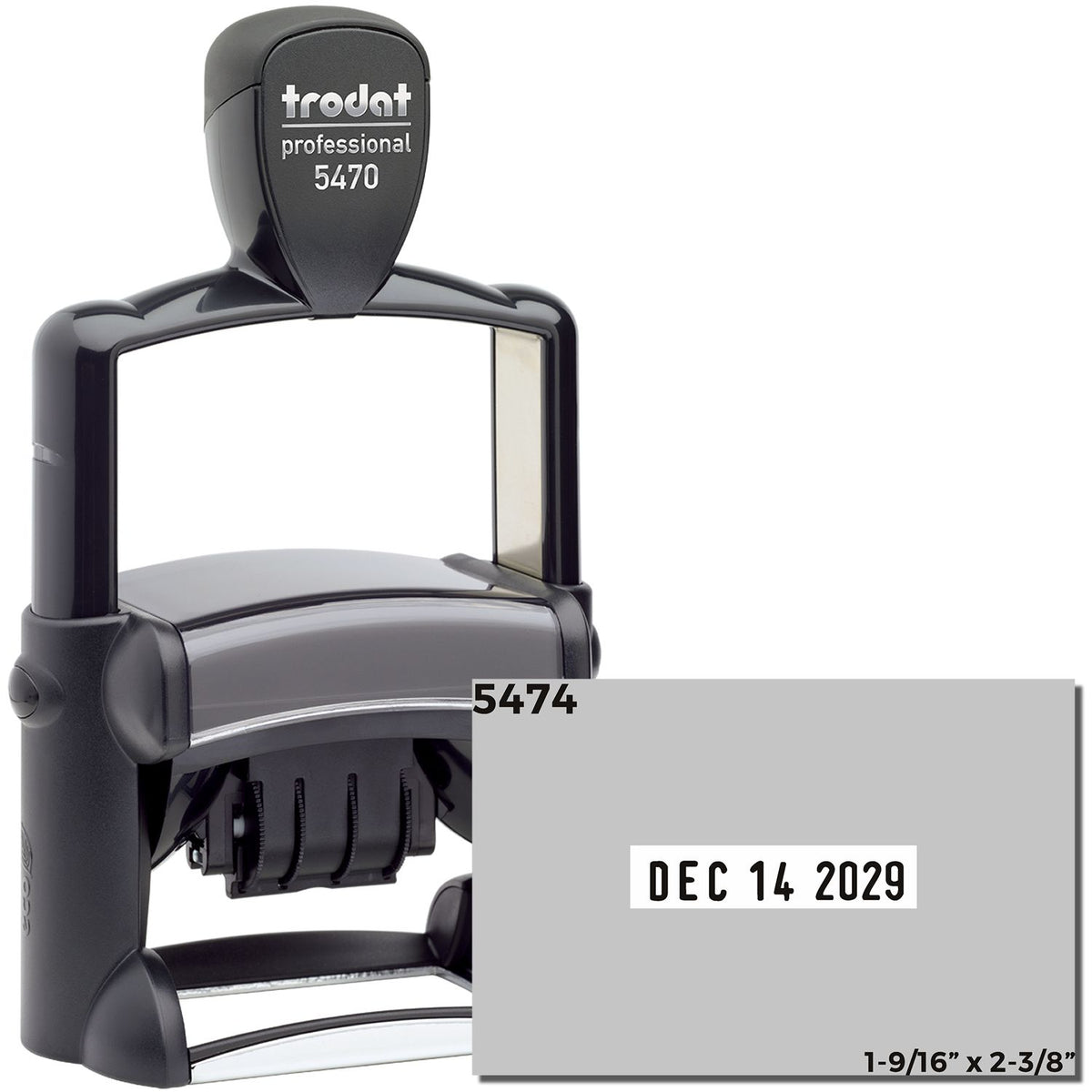 Black Trodat Professional 5470 self-inking date stamp and seal with gray plate, Dec 14 2029