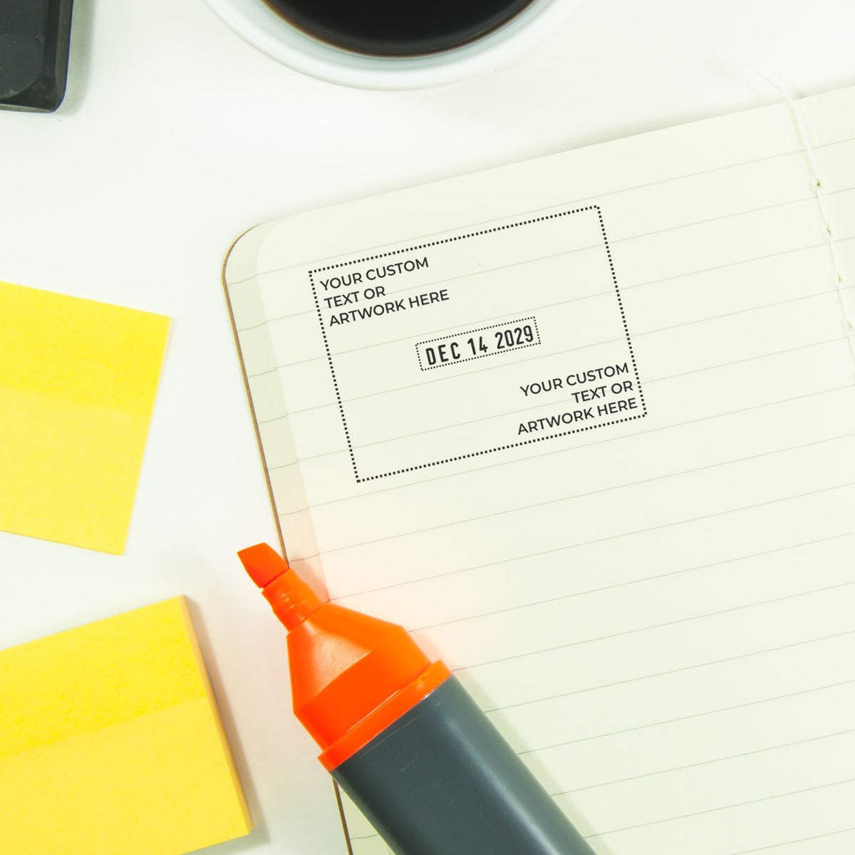 Orange-and-black custom stamp and seal marker on lined notebook with date stamp, yellow sticky notes, and blank label areas.