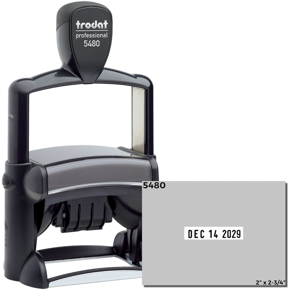 Black Trodat Professional 5480 self-inking date stamp and seal, gray imprint with Dec 14, 2029.
