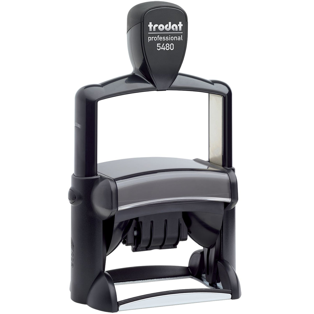 Black Trodat Professional 5480 self-inking stamp and seal with gray accents and silver trim