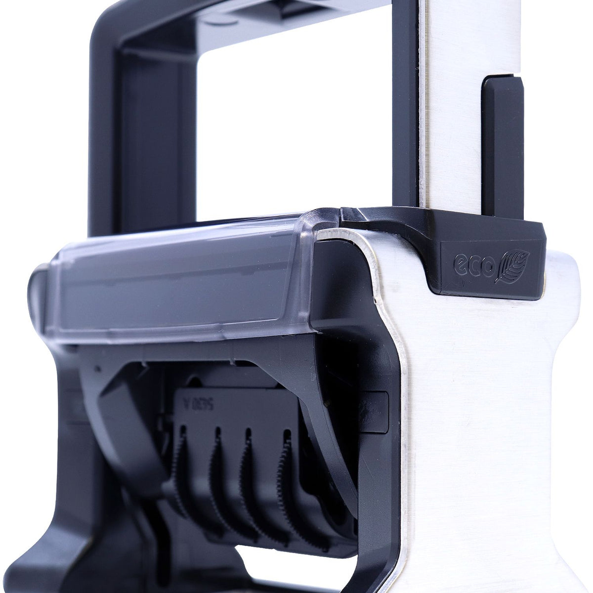 Black and silver eco stamp and seal embosser with translucent gray cover
