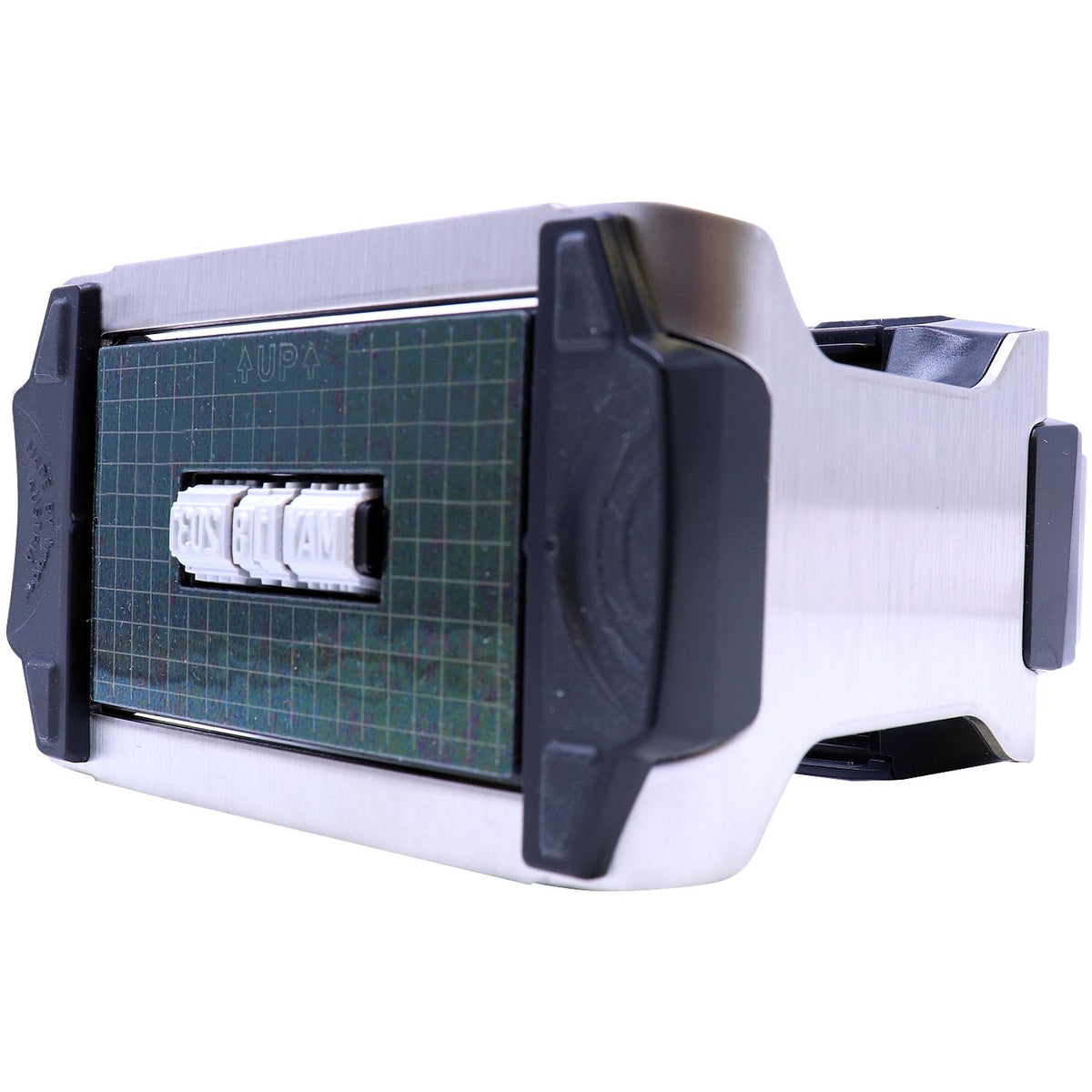 Silver and black date stamp with green grid face and white rotating number wheels, industrial seal tool.