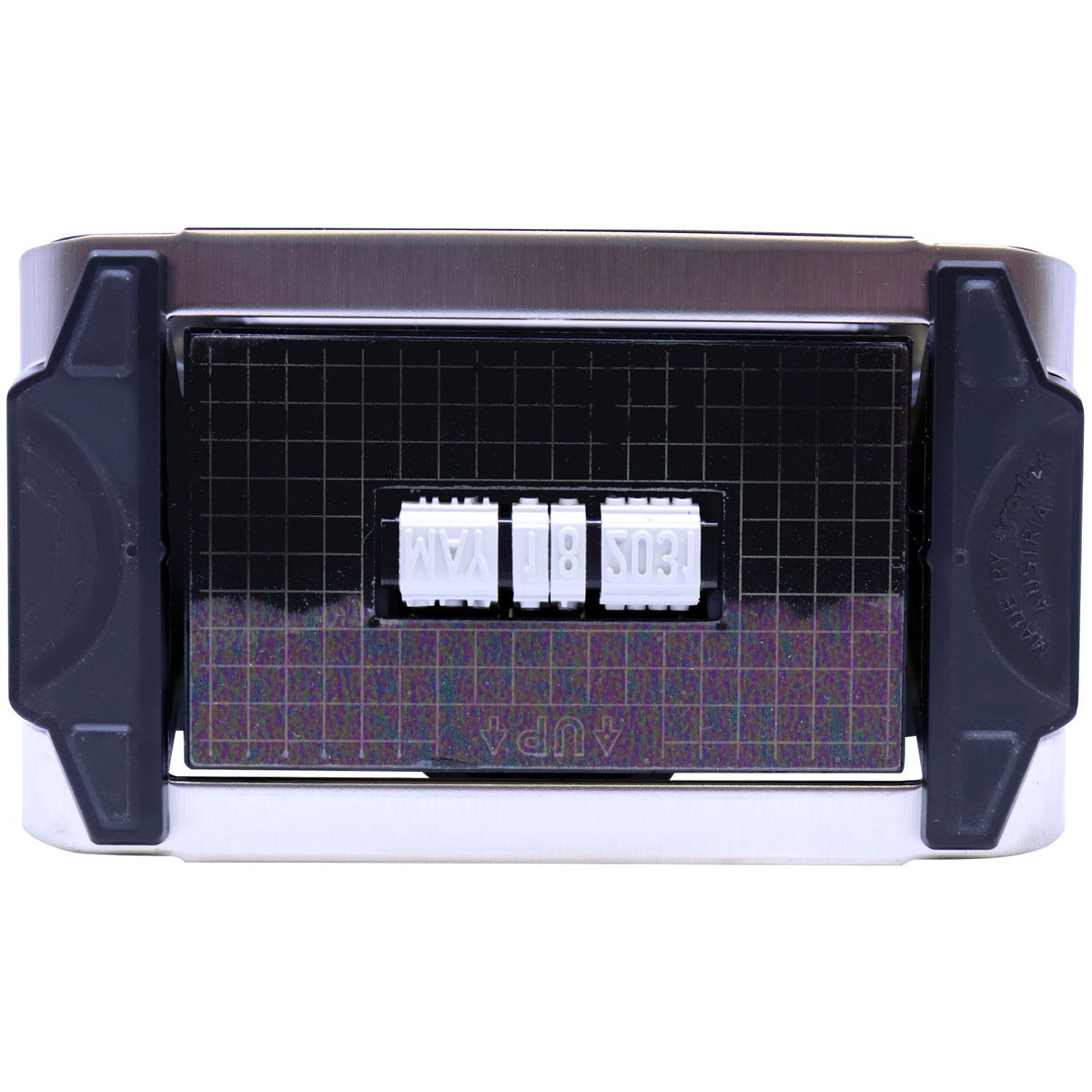 Black and silver self-inking date stamp with adjustable white number wheels and purple seal pad.