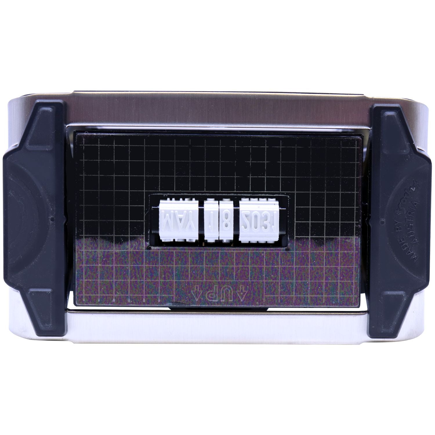 Black and metallic gray self-inking date stamp with white number wheels and purple grid seal plate.